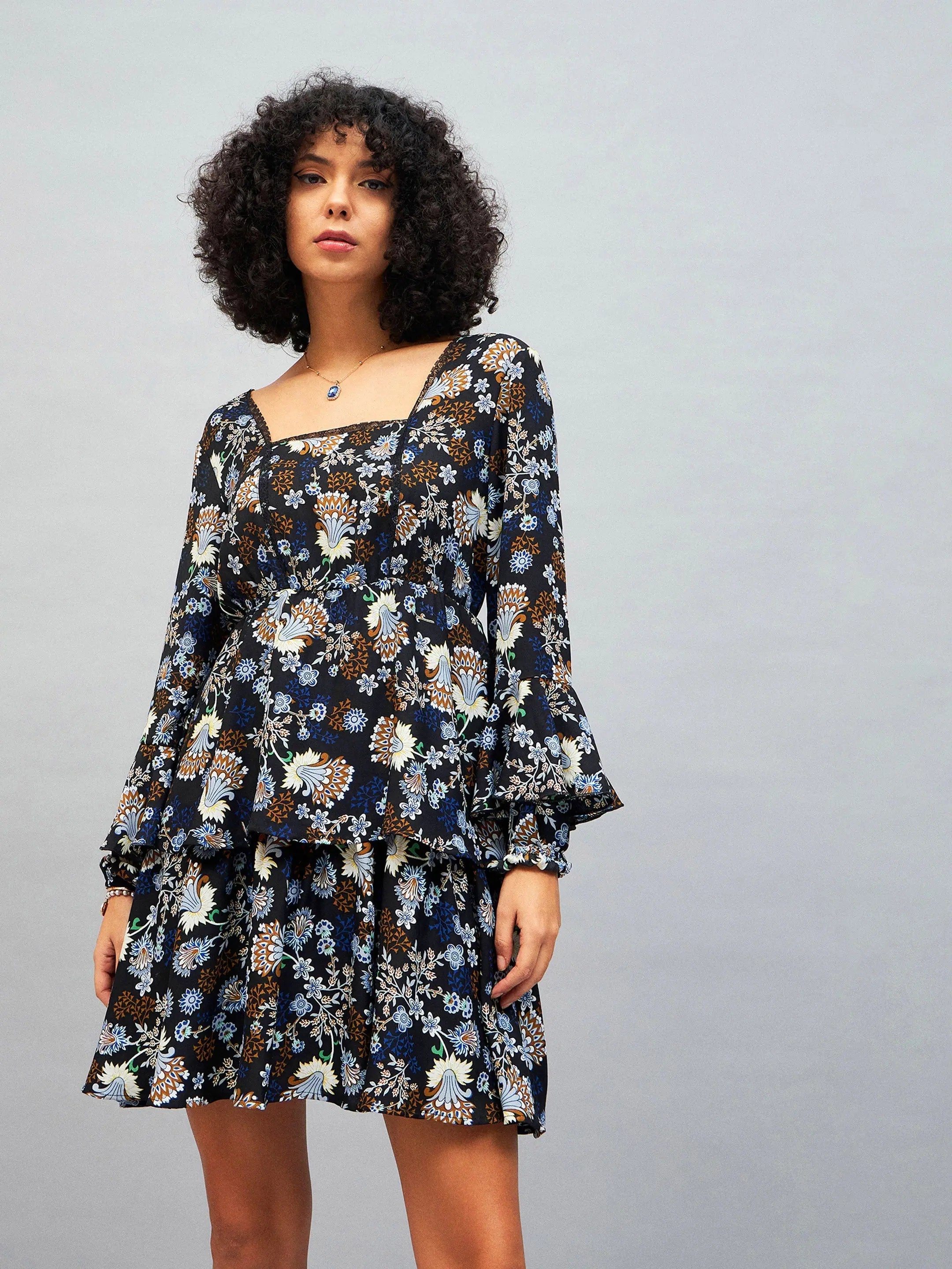 Navy Floral Lace Mini Dress - Designer Women's Dress