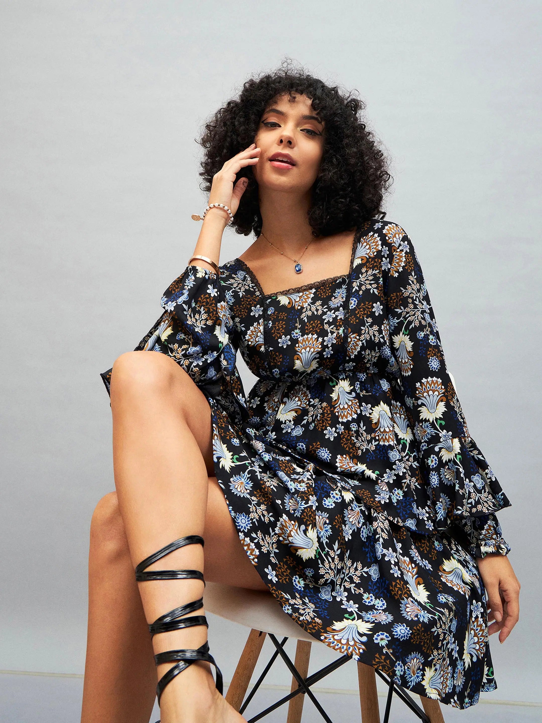 Navy Floral Lace Mini Dress - Designer Women's Dress