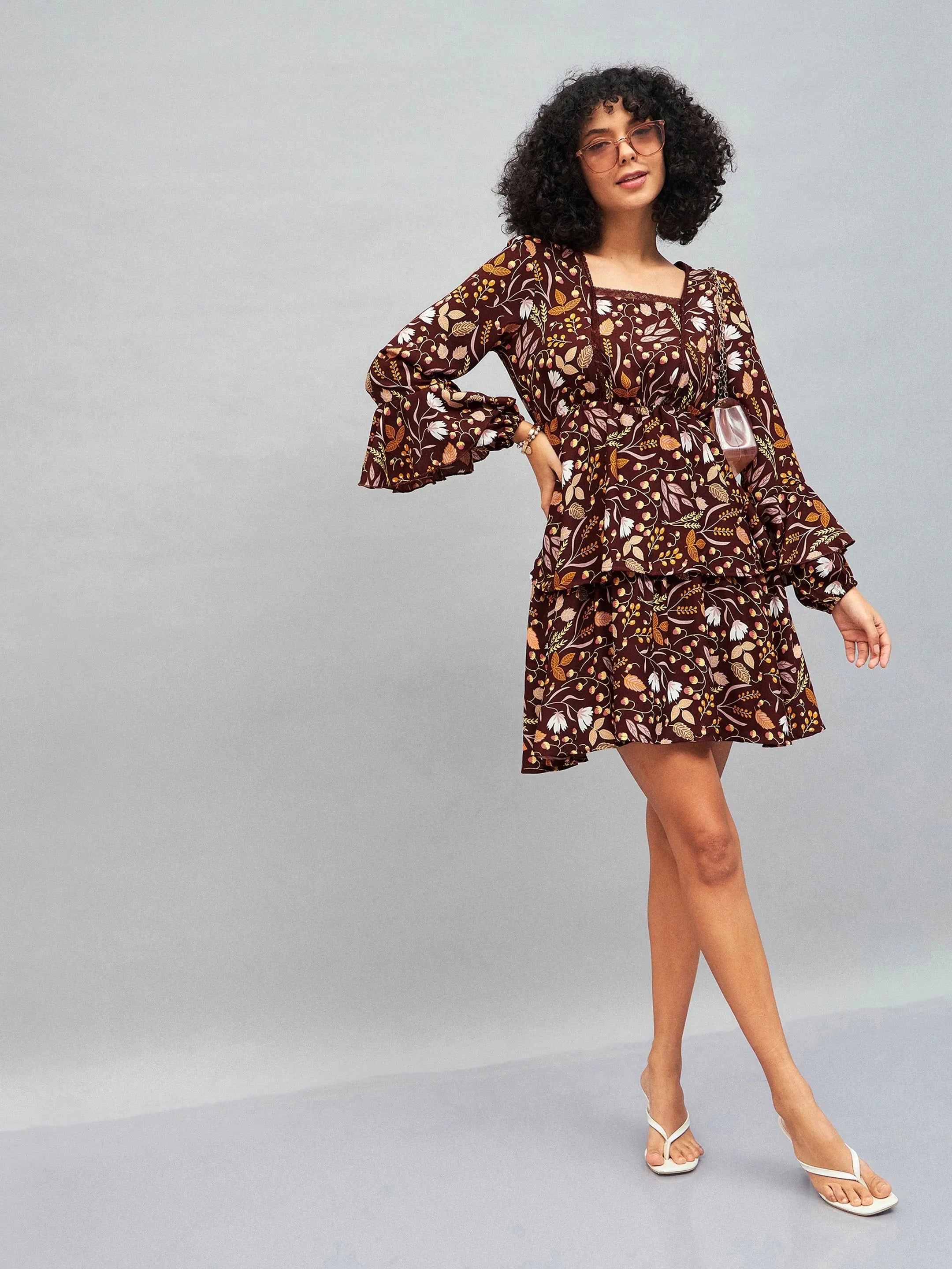 Brown Floral Lace Insert Mini Dress - Women's Party Wear