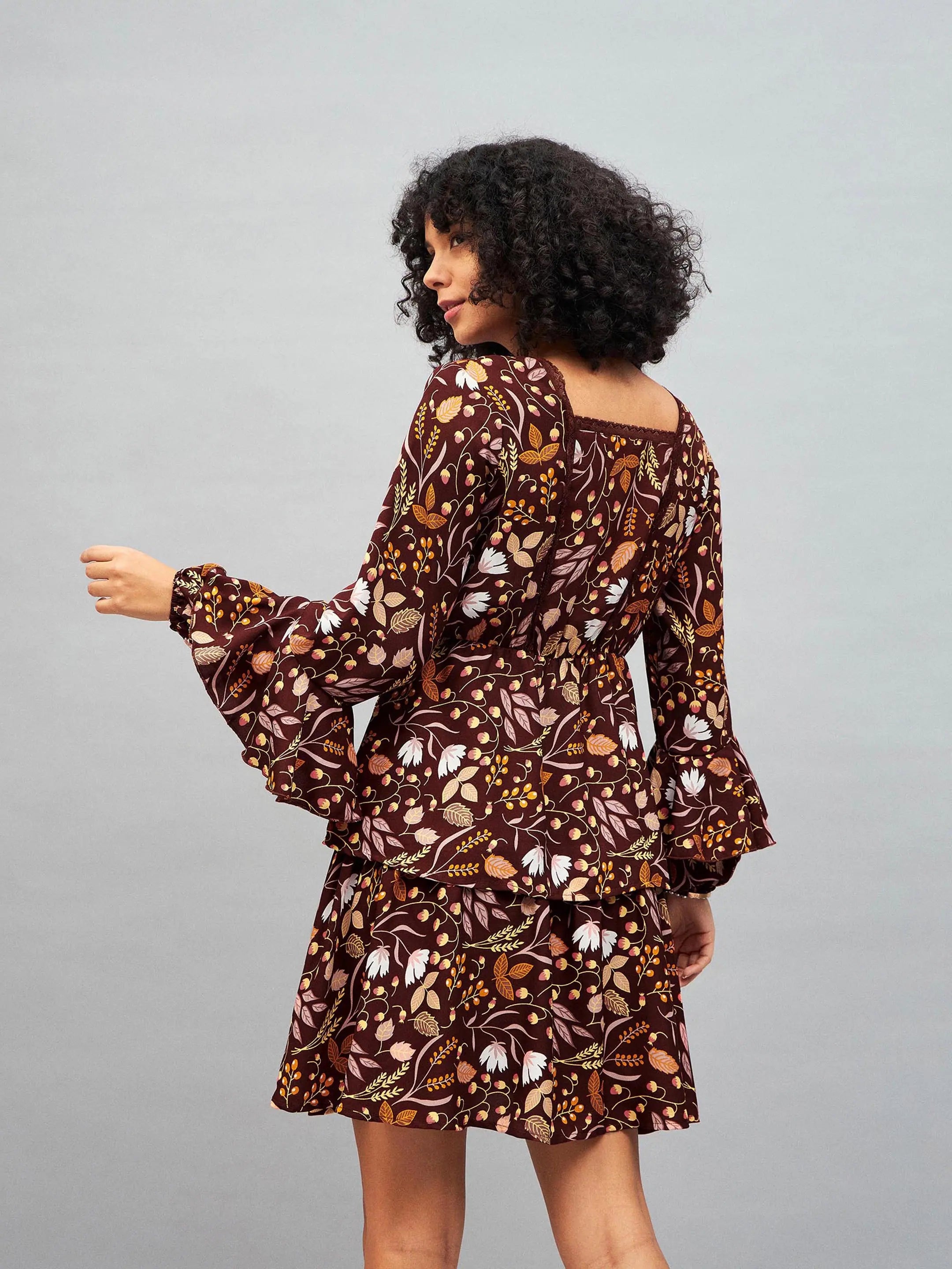 Brown Floral Lace Insert Mini Dress - Women's Party Wear