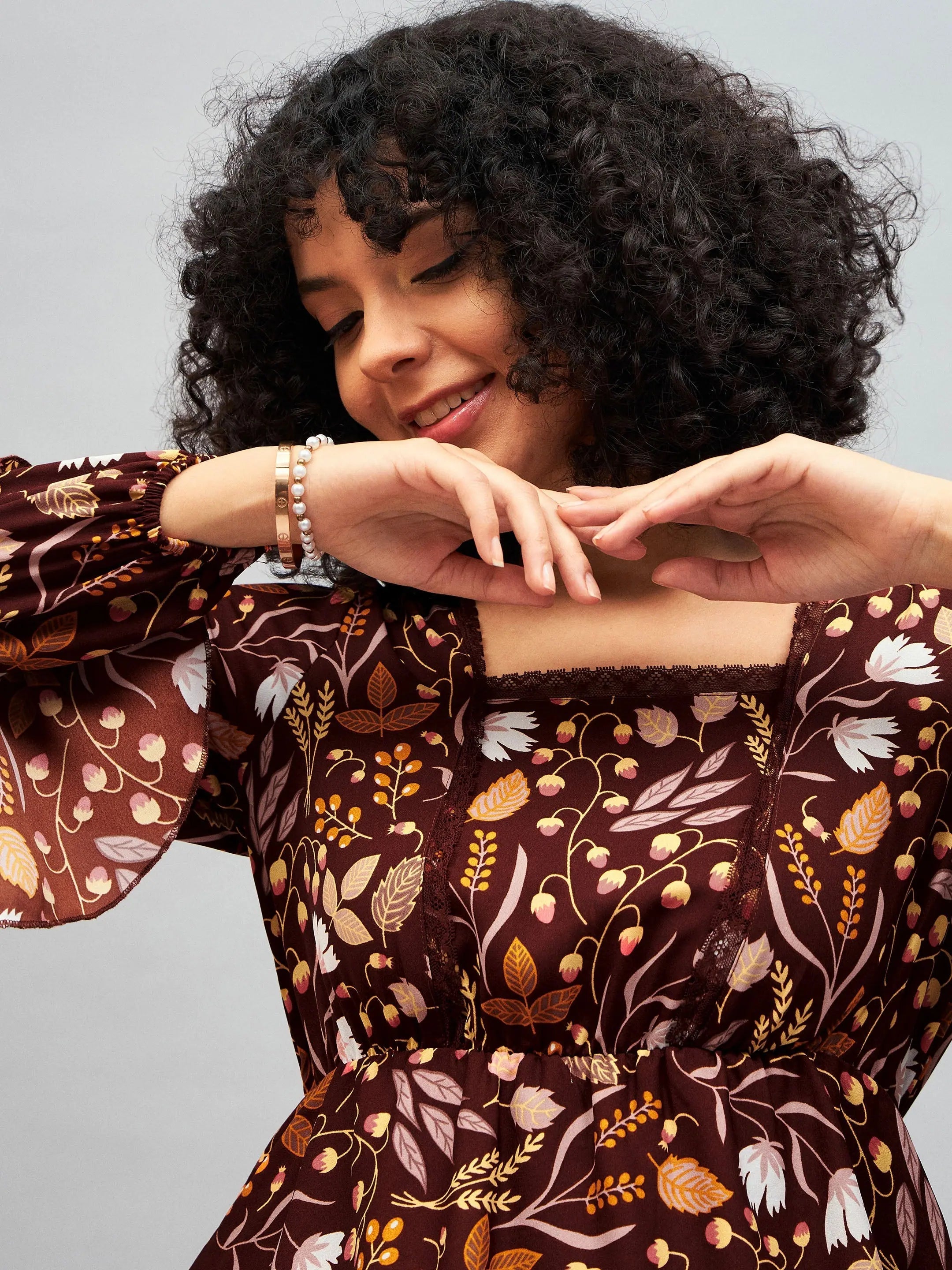 Brown Floral Lace Insert Mini Dress - Women's Party Wear