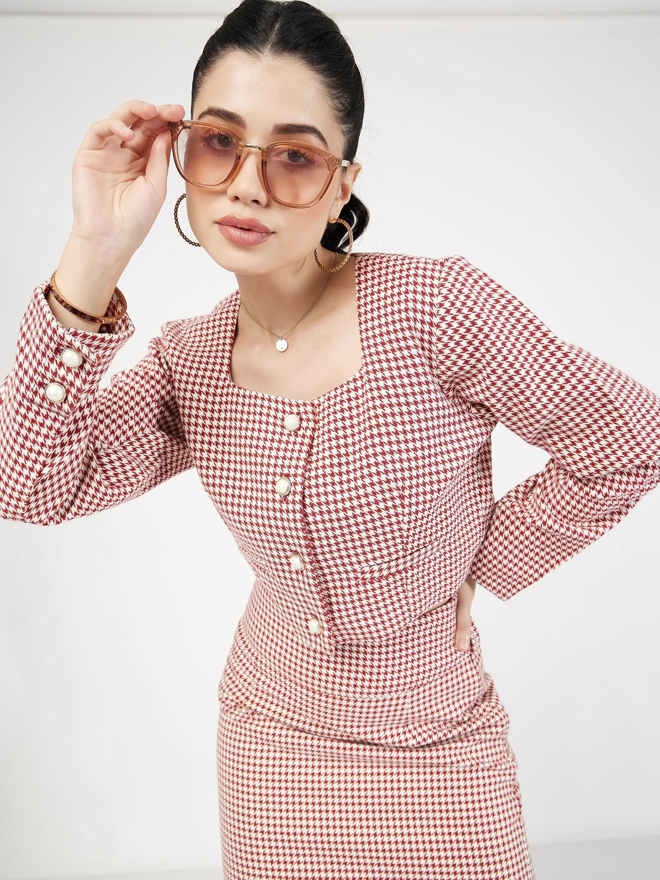 Red Houndstooth Tweed Top - Women's Western Wear Outfits