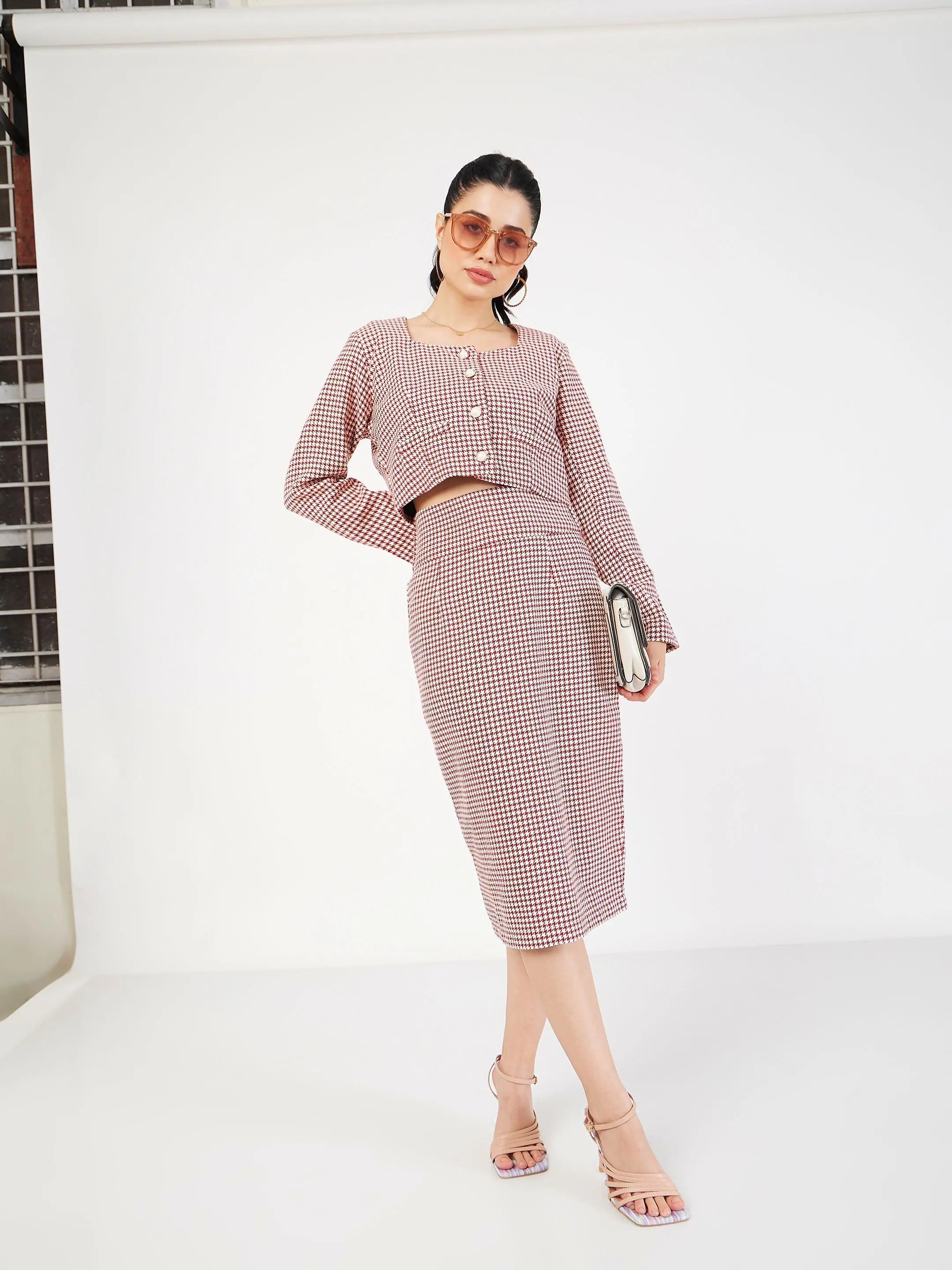 Red Houndstooth Tweed Top - Women's Western Wear Outfits