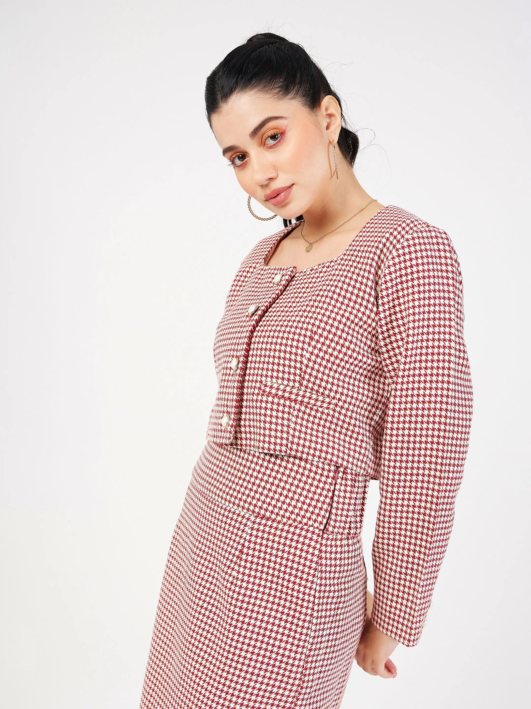 Red Houndstooth Tweed Top - Women's Western Wear Outfits