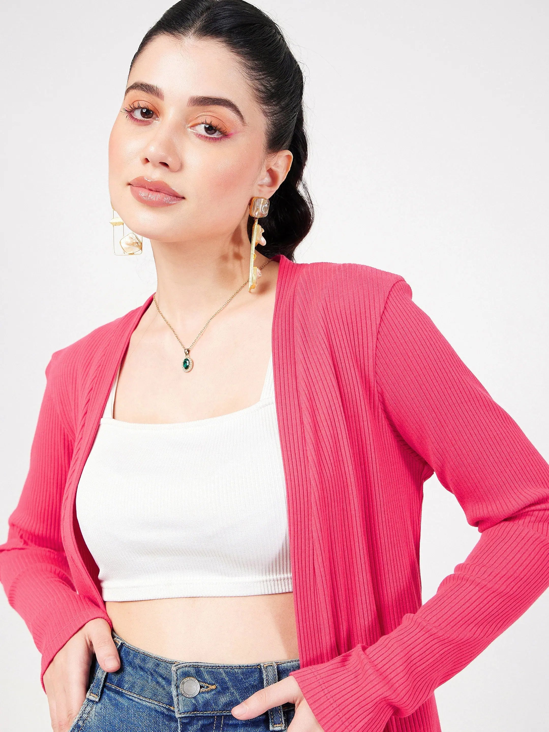 Magenta Rib Front Open Shrug - Women's Western Clothing