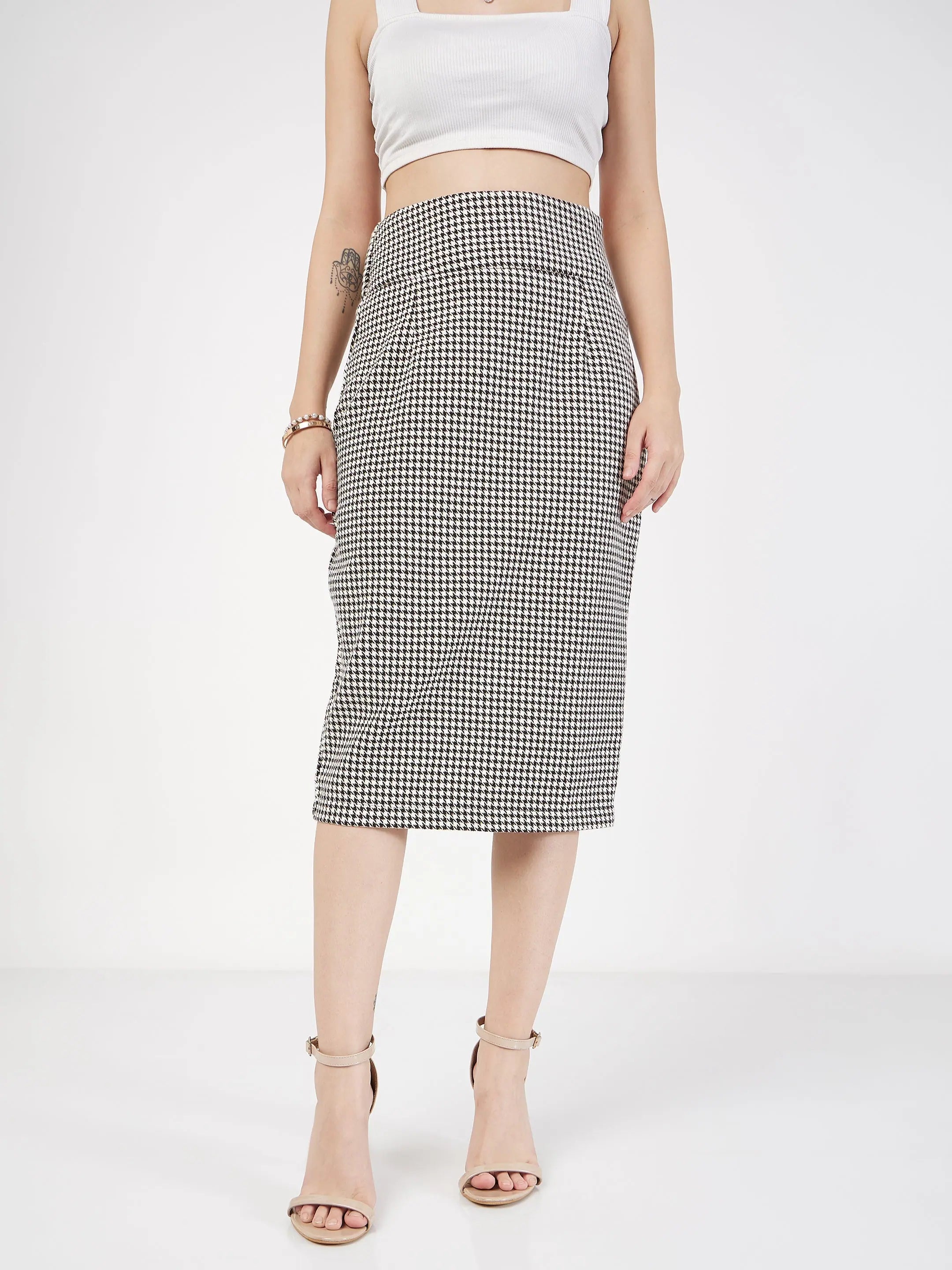 Houndstooth Skirt - Women's Western Wear with Front Slit