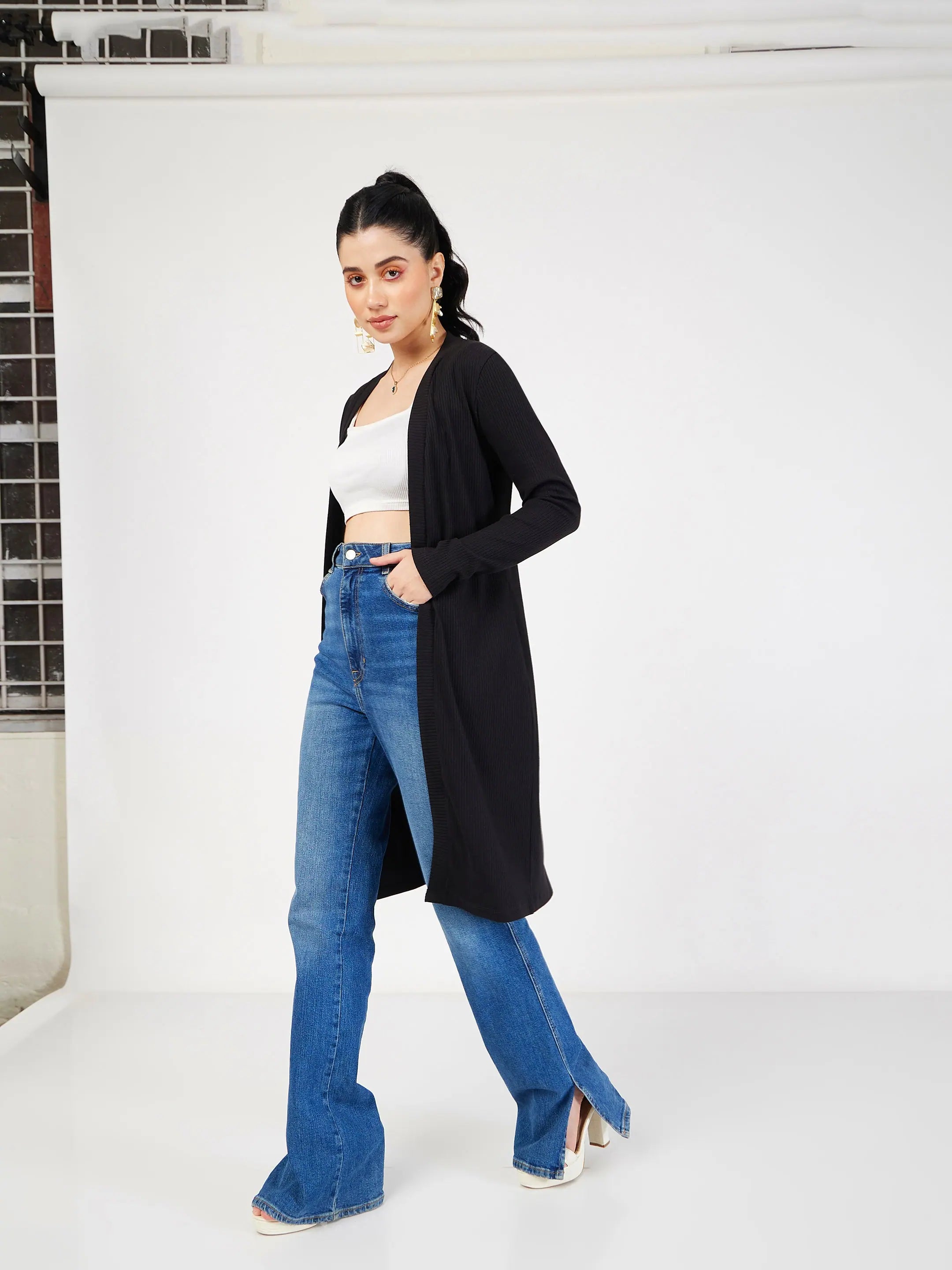 Black Ribbed Shrug - Women's Western Wear | Open Front Design