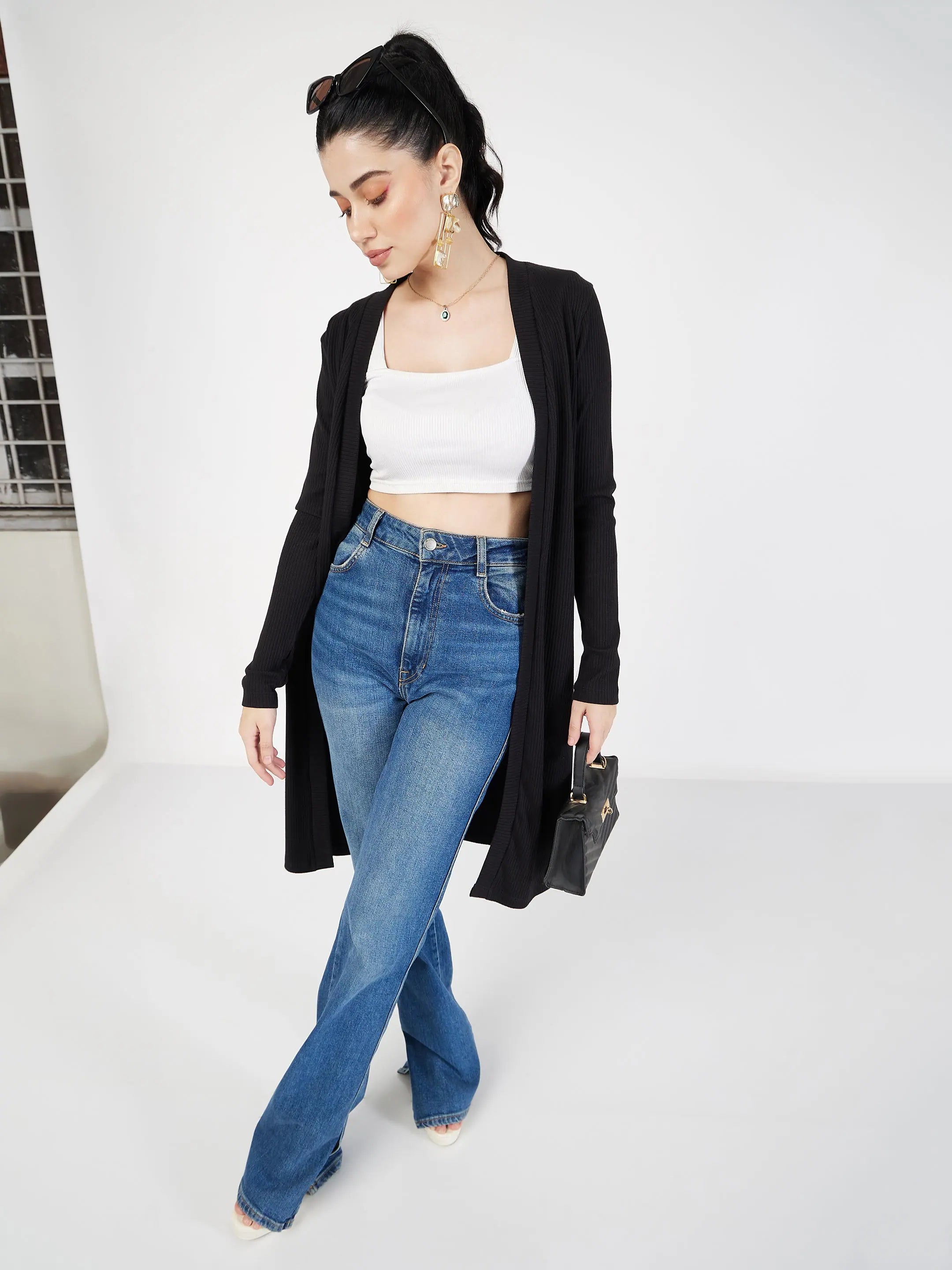 Black Ribbed Shrug - Women's Western Wear | Open Front Design