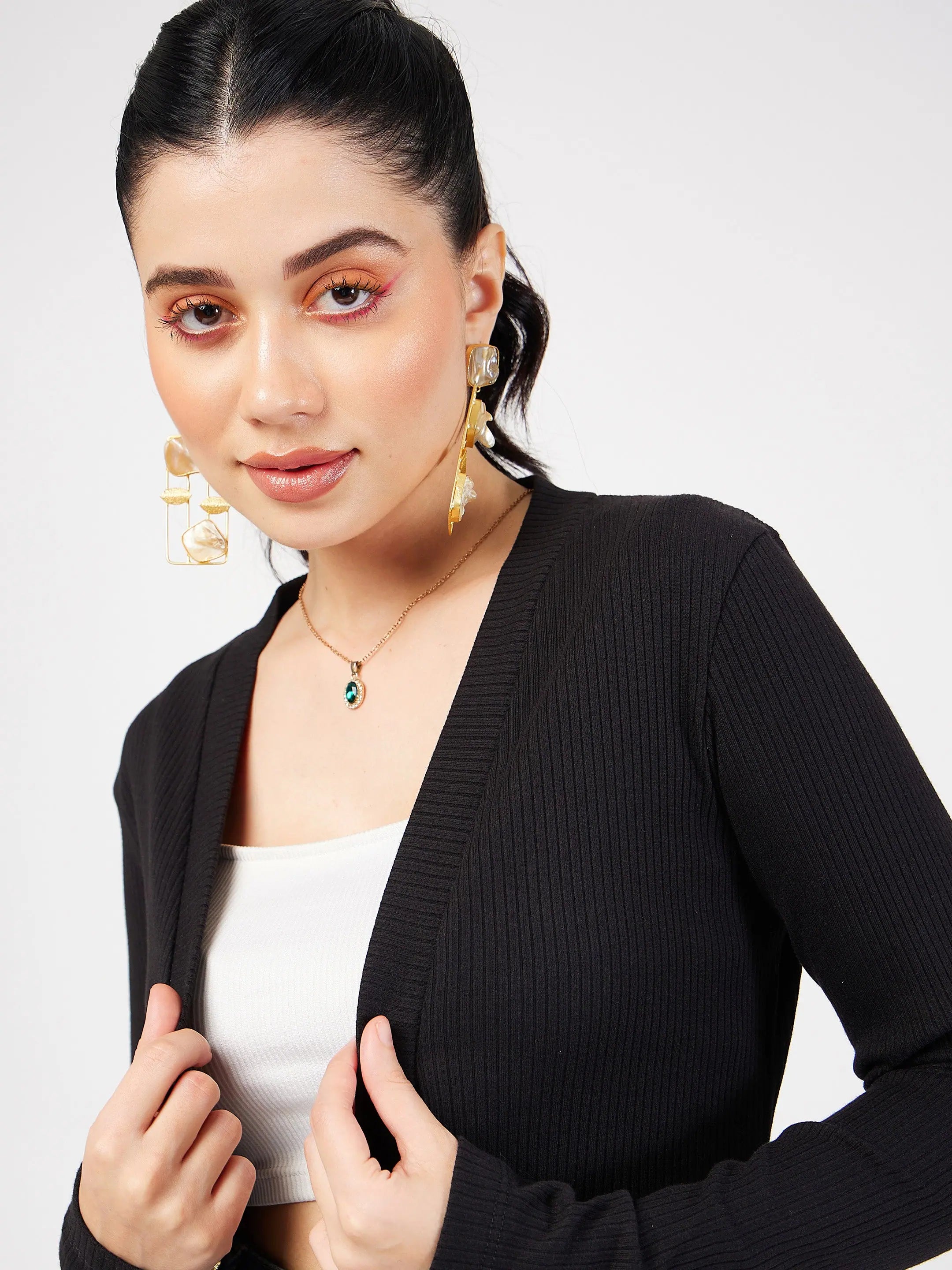 Black Ribbed Shrug - Women's Western Wear | Open Front Design