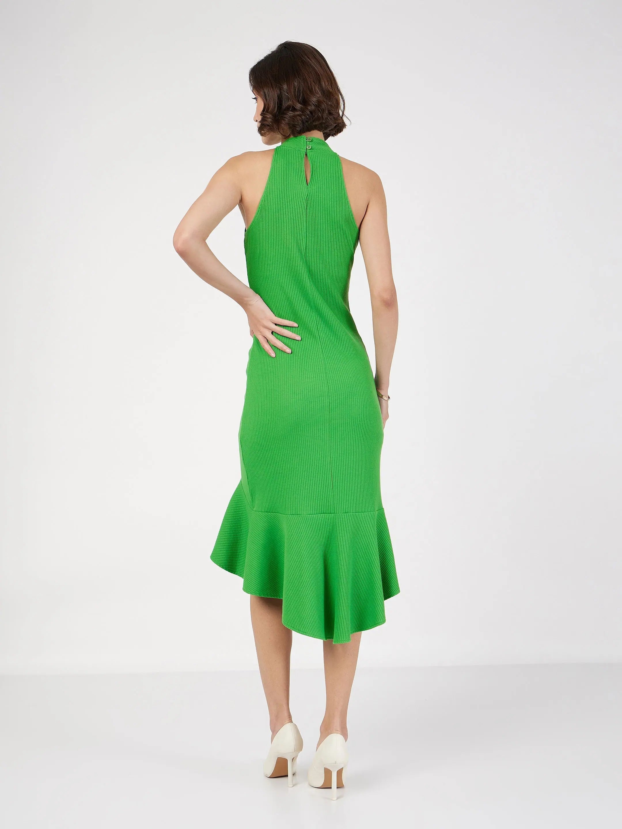 Green Rib Fish Frill Bodycon Dress - Festive Lehenga Look