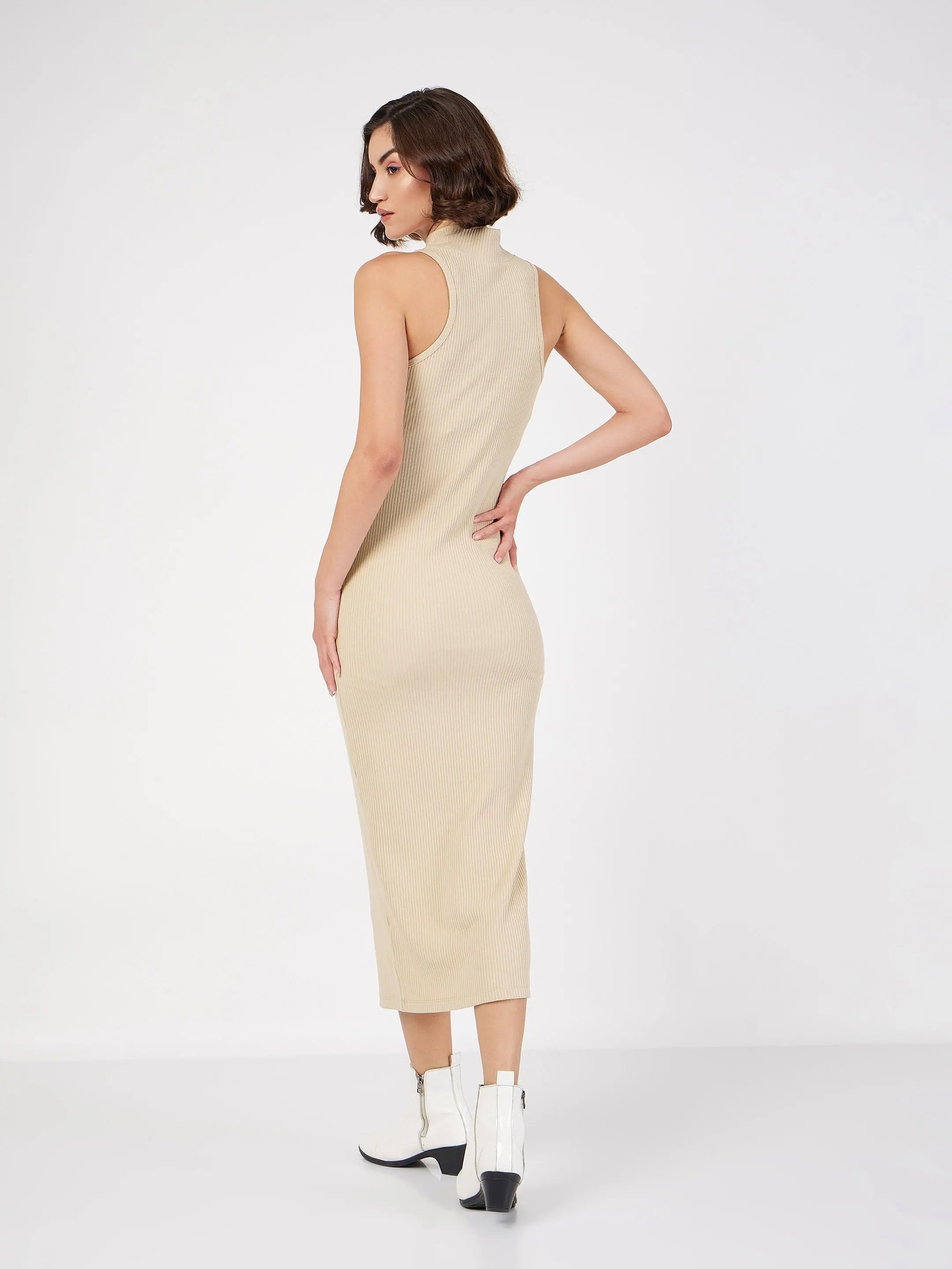 Beige Rib Sleeveless Midi Dress | Western Outfits for Women