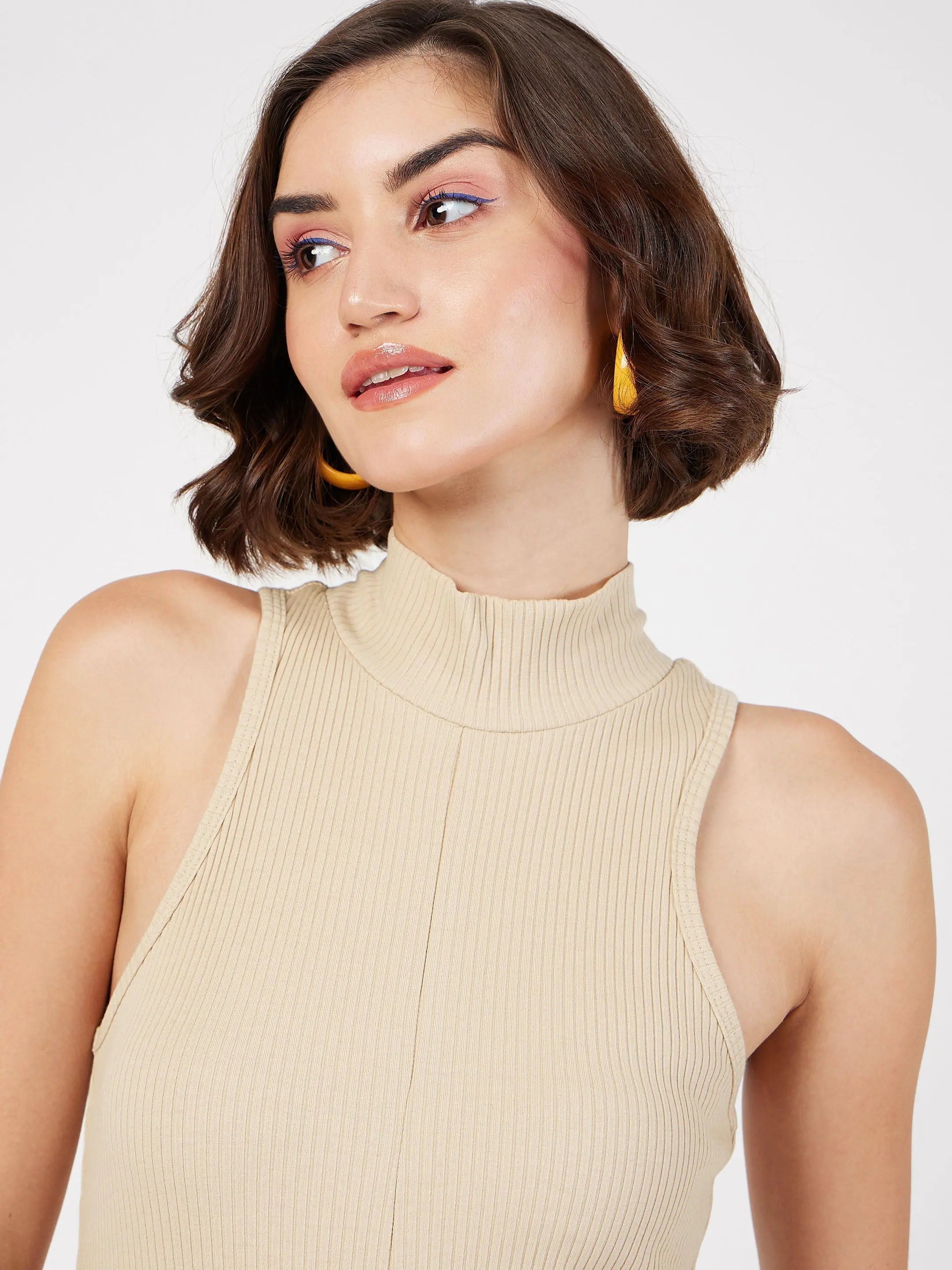 Beige Rib Sleeveless Midi Dress | Western Outfits for Women