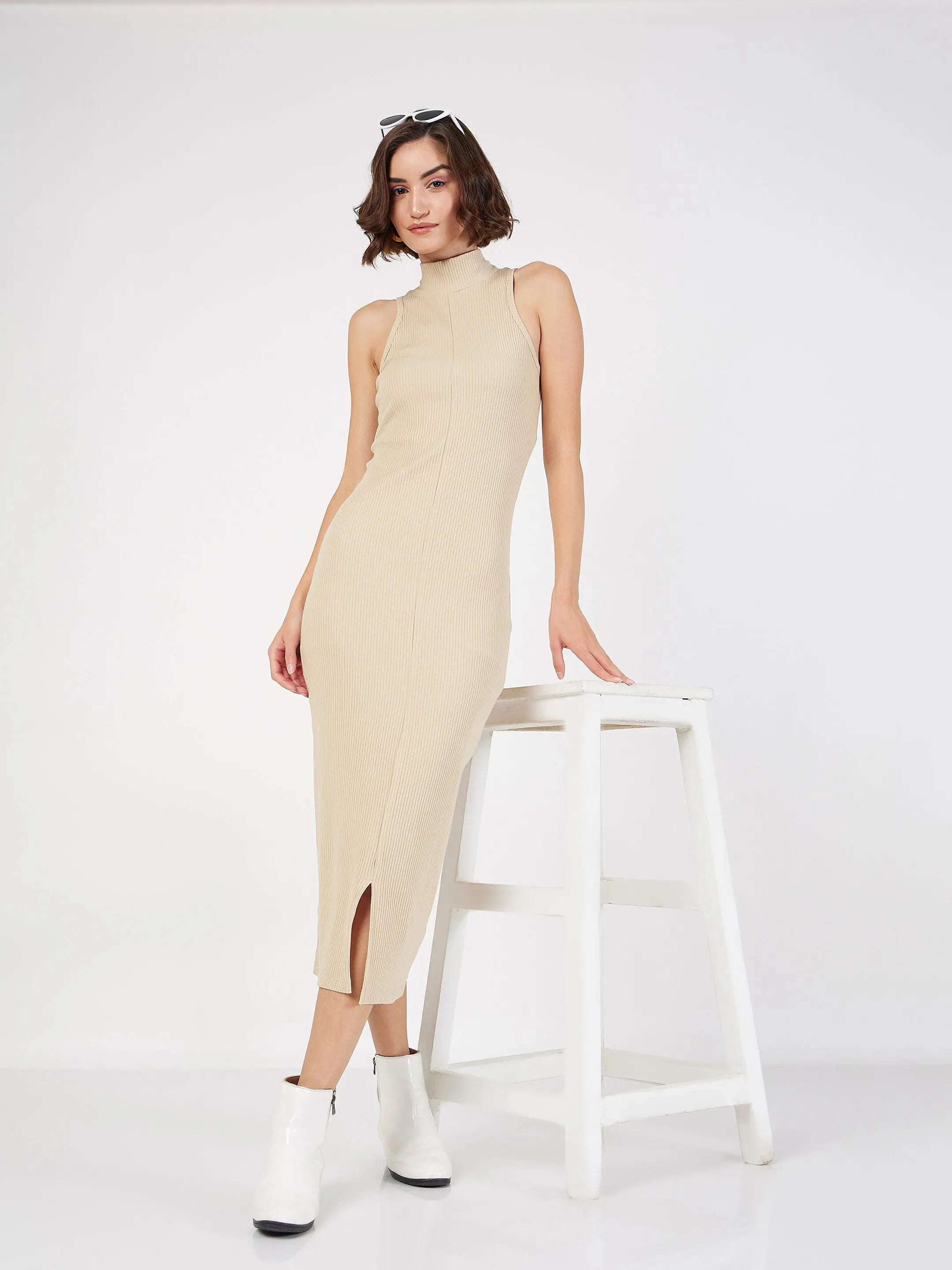 Beige Rib Sleeveless Midi Dress | Western Outfits for Women