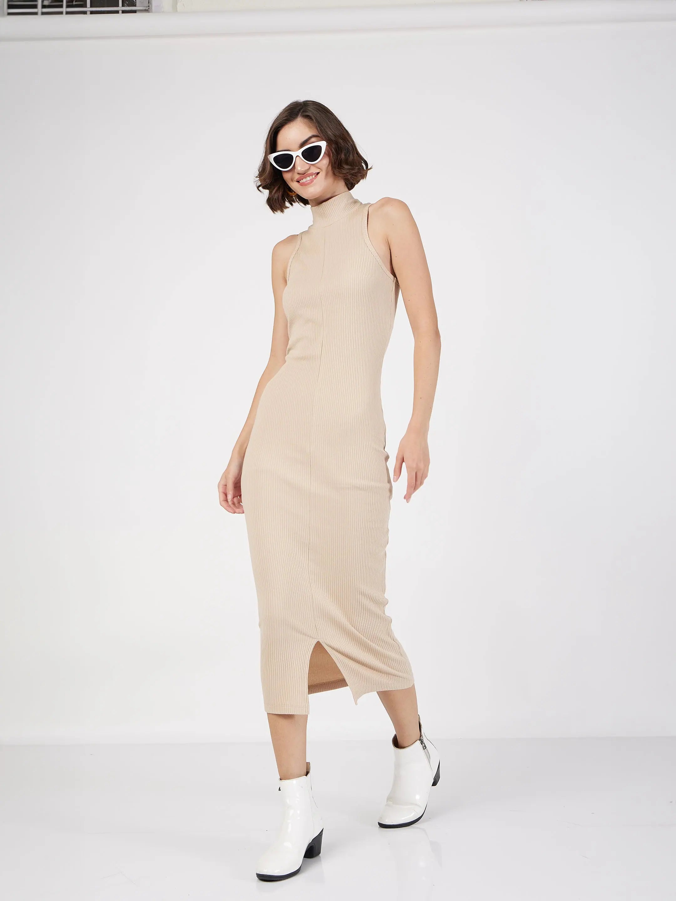 Beige Rib Sleeveless Midi Dress | Western Outfits for Women