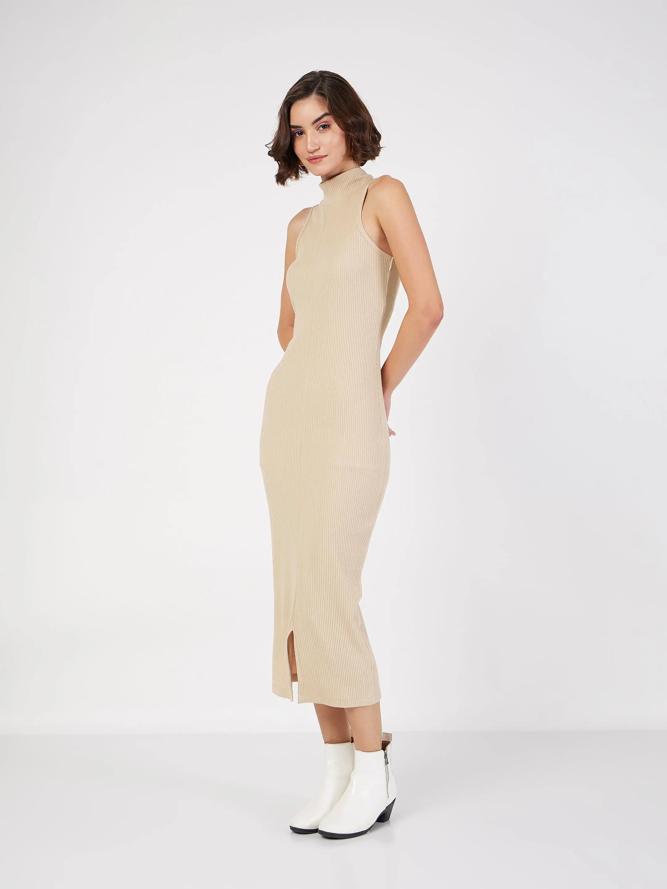 Beige Rib Sleeveless Midi Dress | Western Outfits for Women