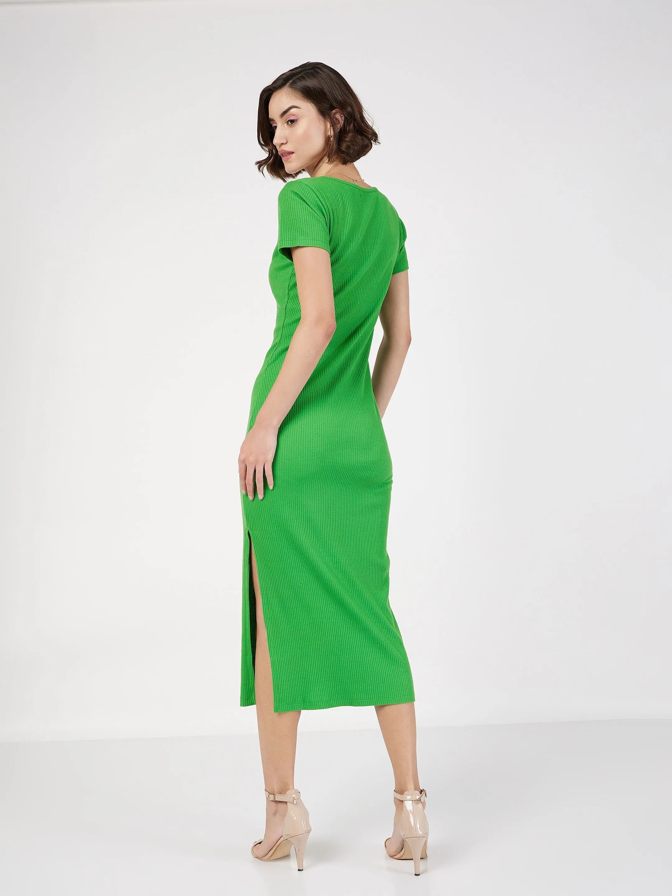 Green Rib V-Neck Midi Dress | Women's Lehenga Inspired Style