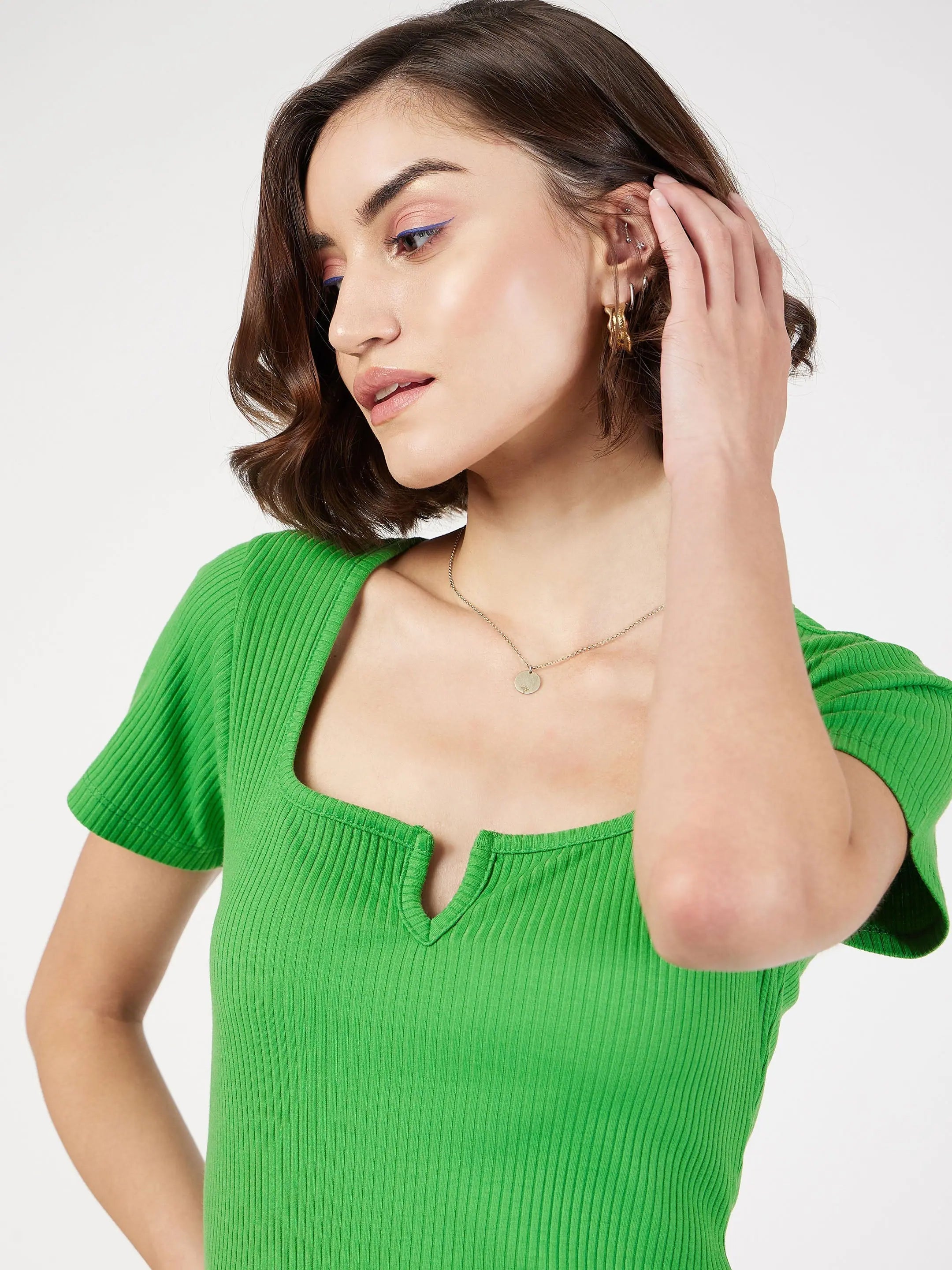 Green Rib V-Neck Midi Dress | Women's Lehenga Inspired Style