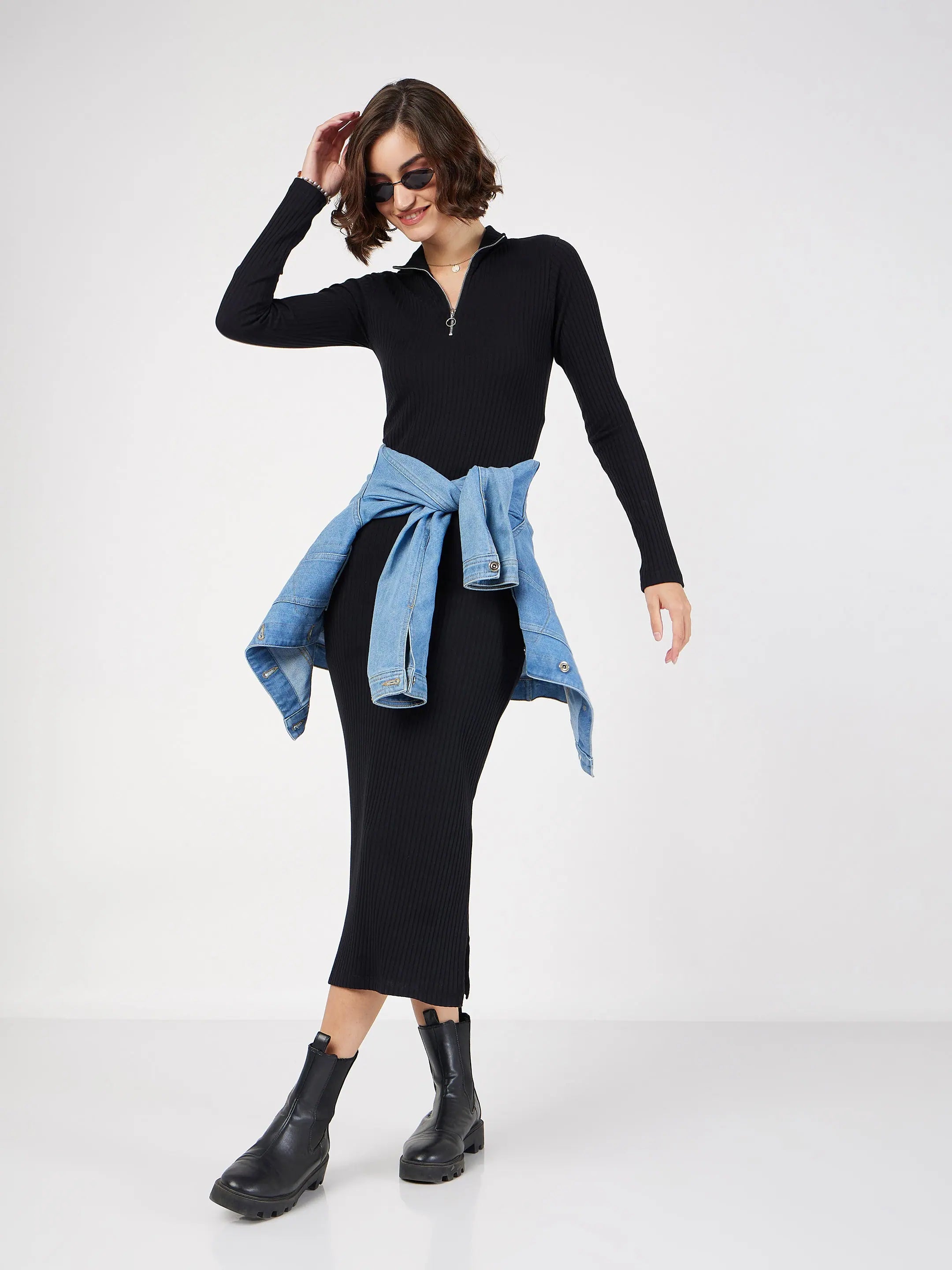 Black Rib High Neck Zipper Dress - Ethnic Lehenga Alternative