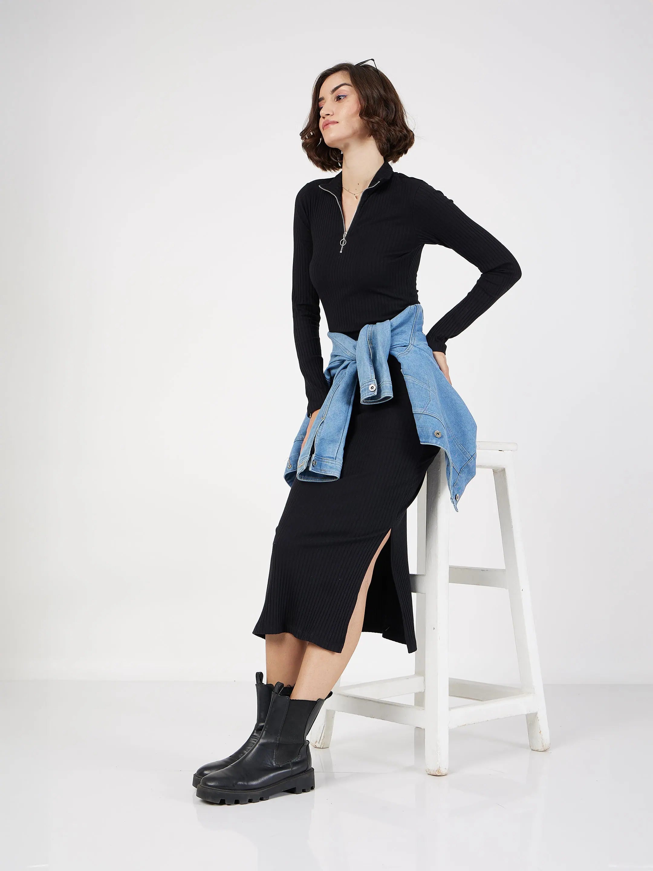 Black Rib High Neck Zipper Dress - Ethnic Lehenga Alternative