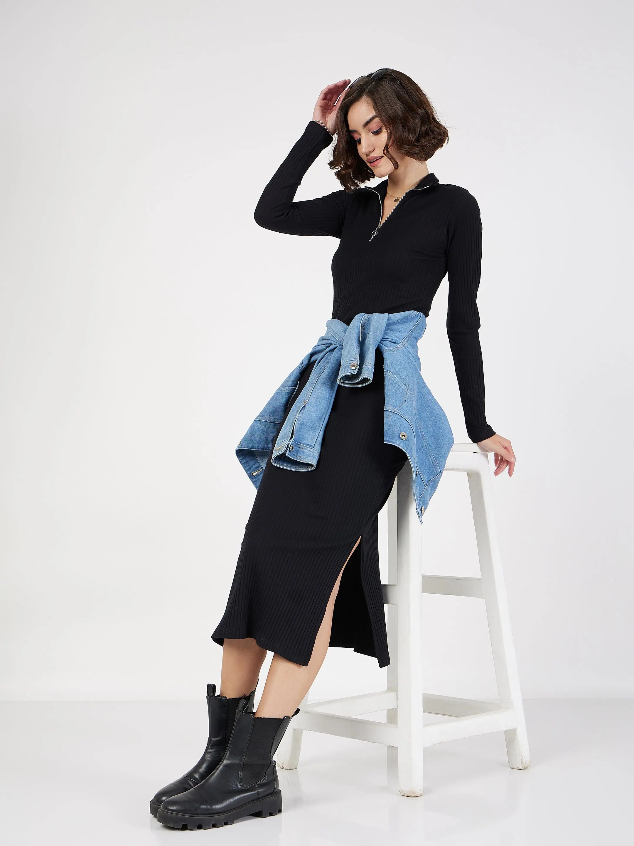 Black Rib High Neck Zipper Dress - Ethnic Lehenga Alternative