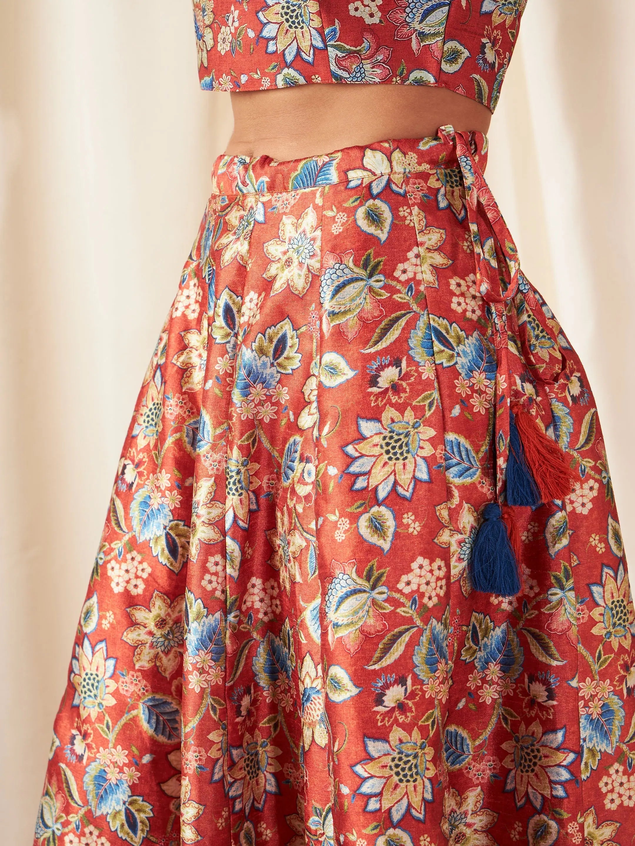 Orange Floral Anarkali Skirt & Crop Top - Designer Lehenga