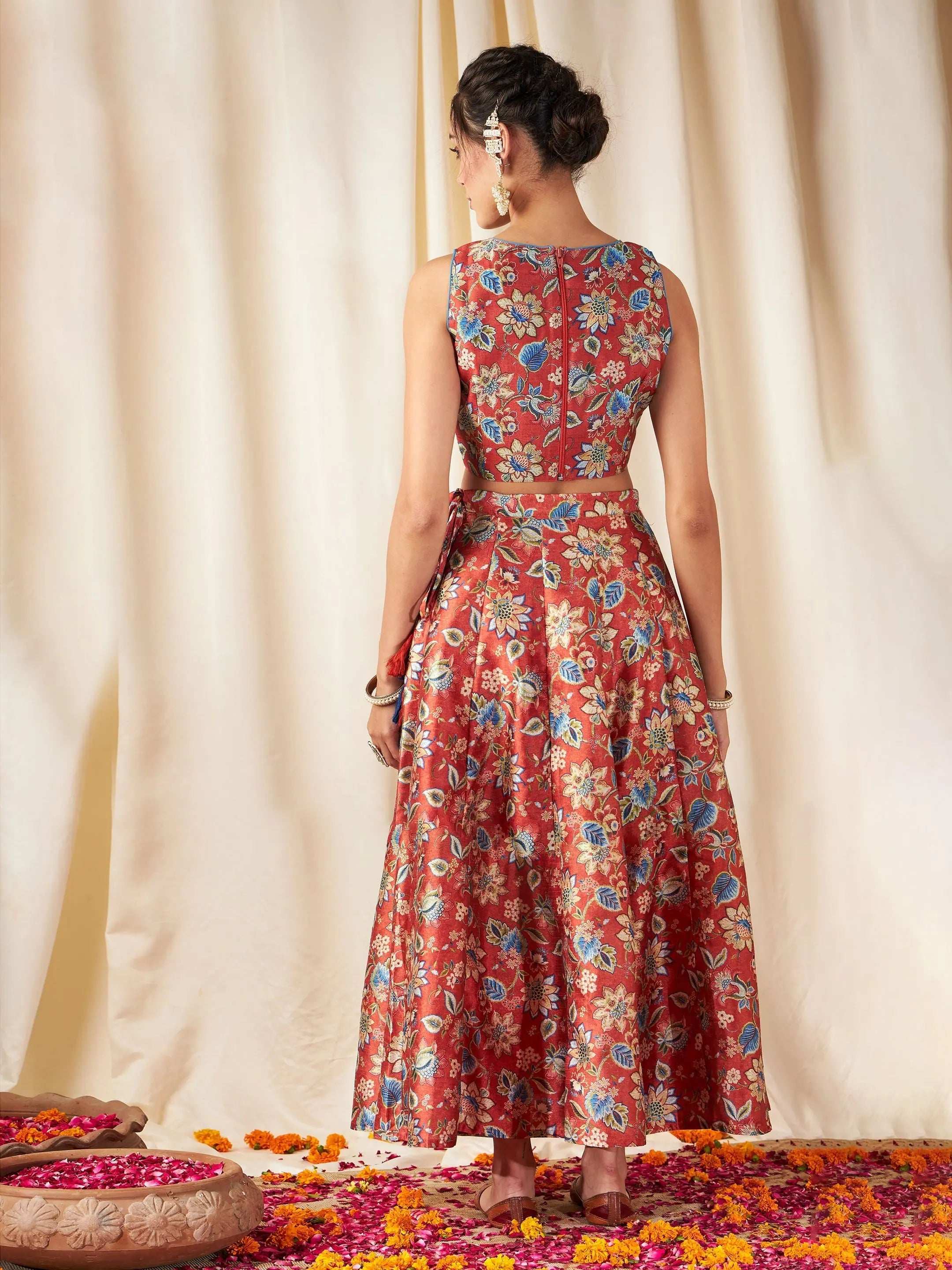 Orange Floral Anarkali Skirt & Crop Top - Designer Lehenga