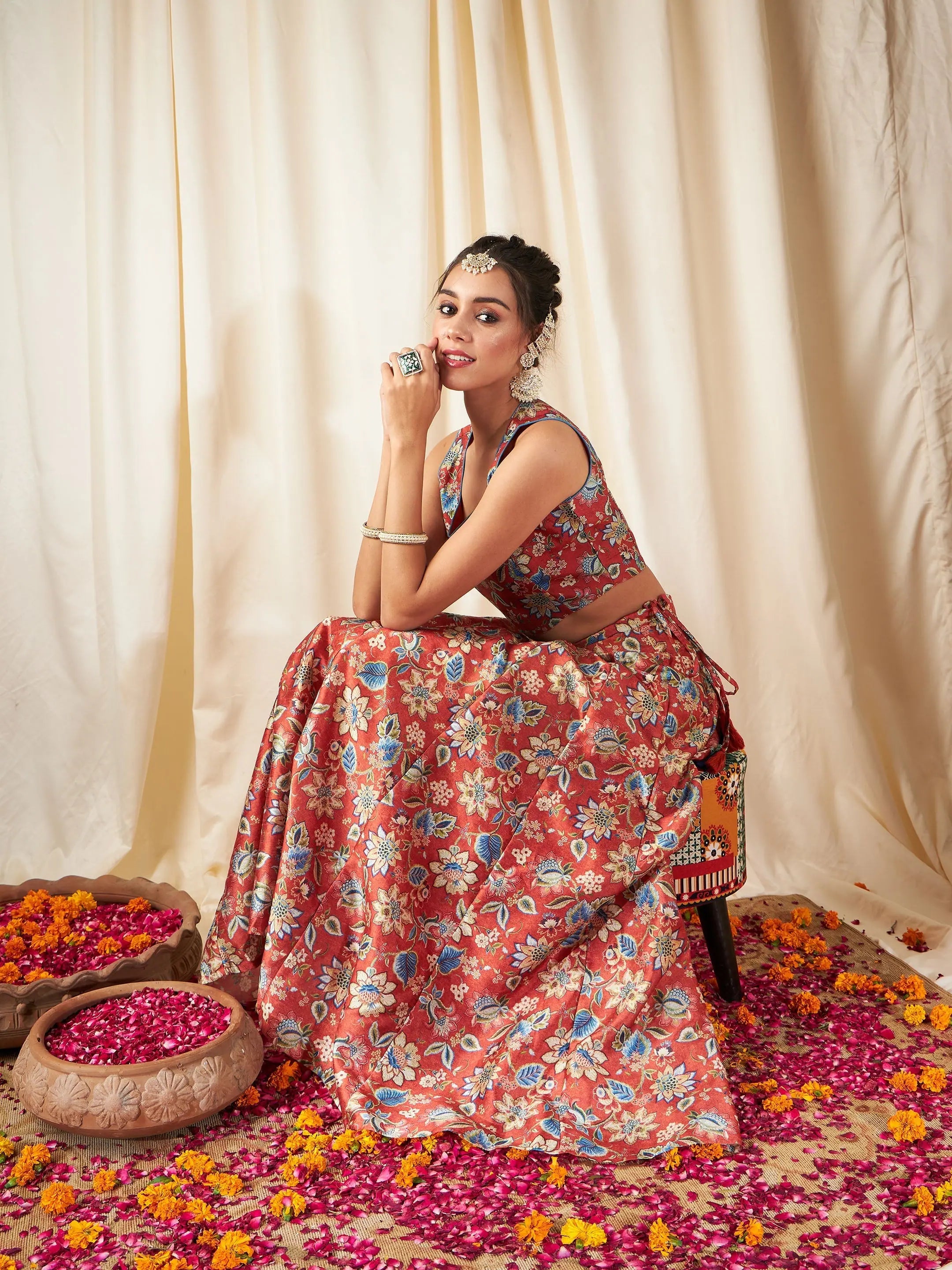 Orange Floral Anarkali Skirt & Crop Top - Designer Lehenga