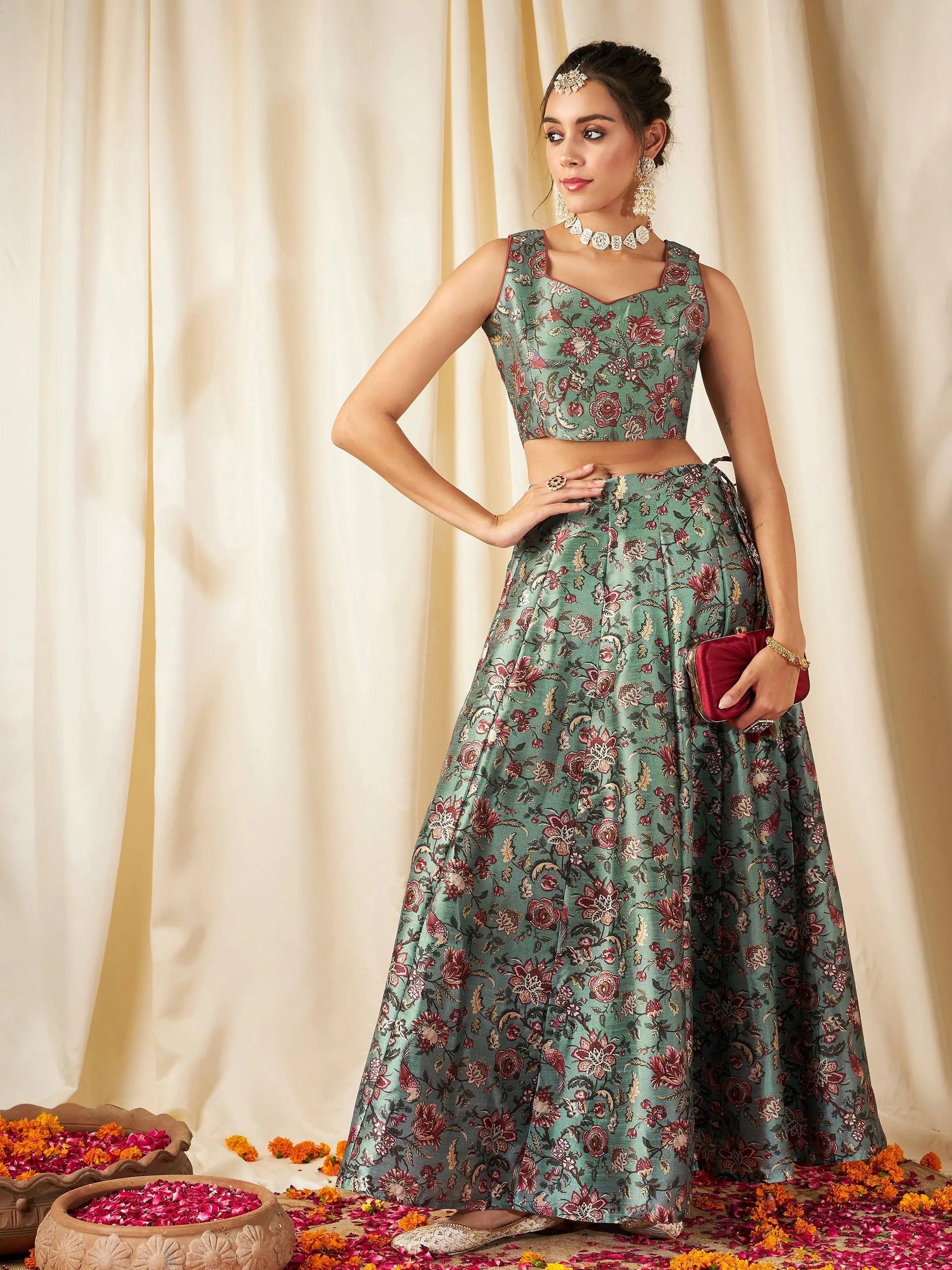 Olive Floral Lehenga Choli Set | Women's Festive Lehenga