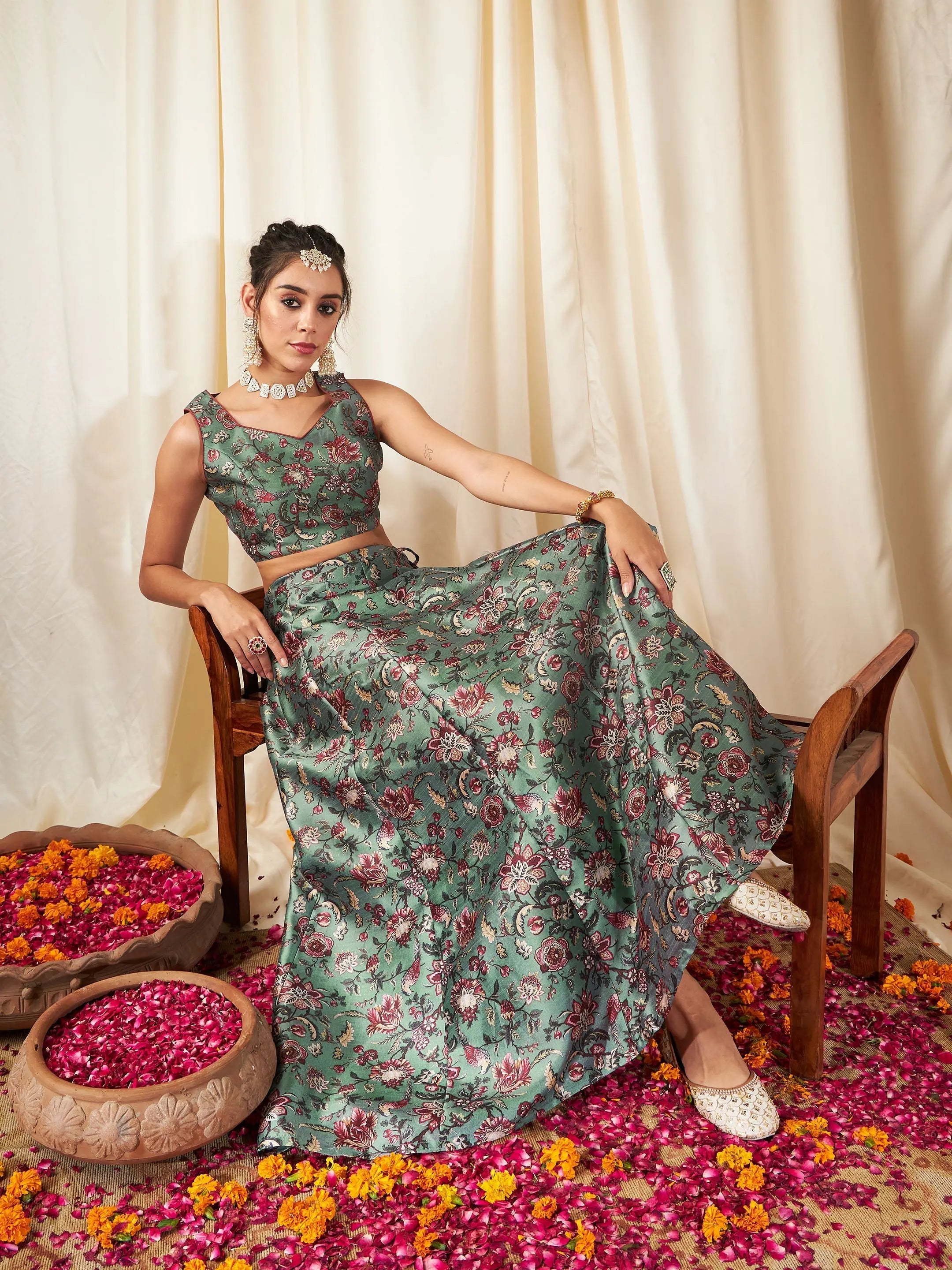 Olive Floral Lehenga Choli Set | Women's Festive Lehenga