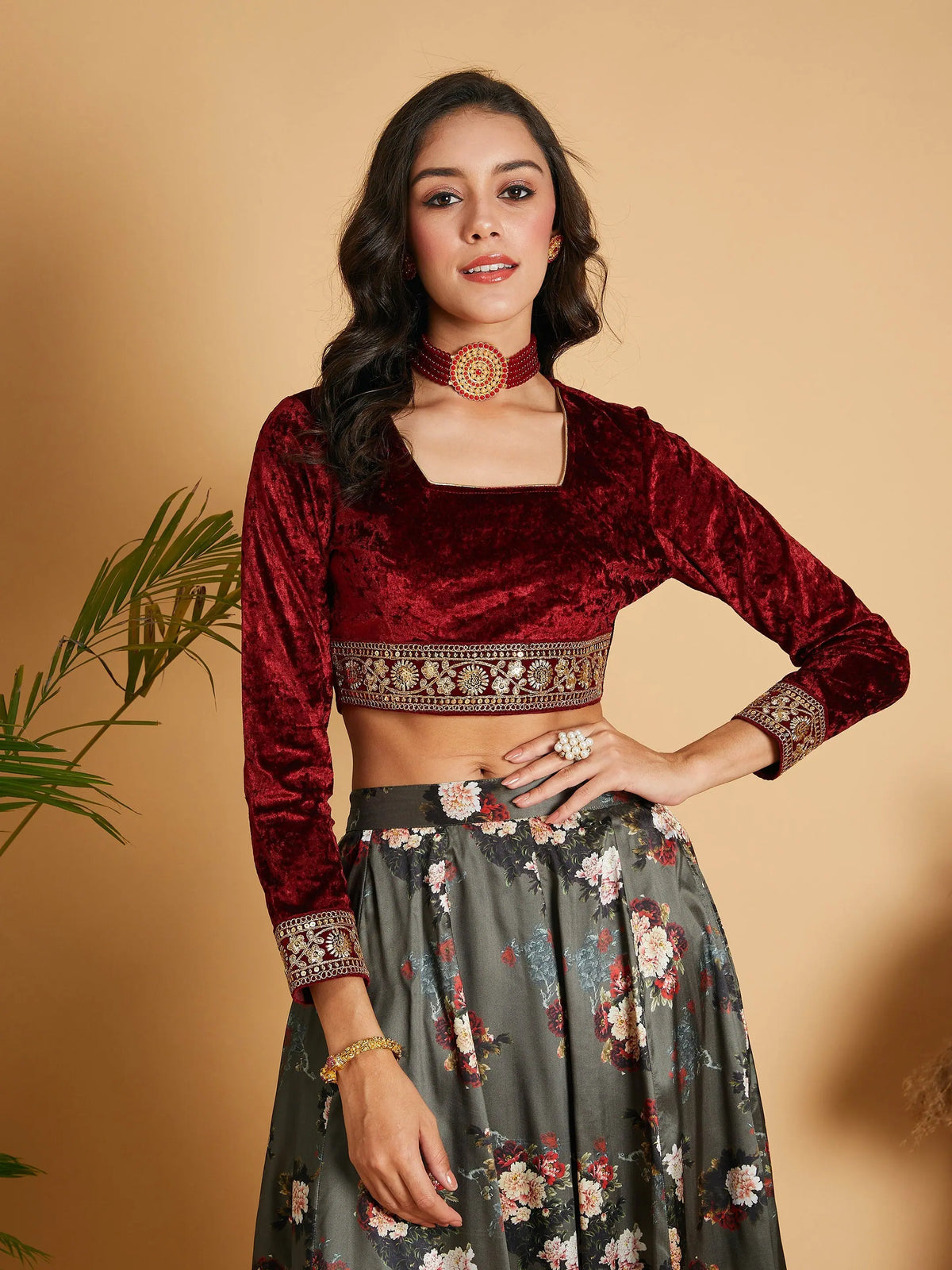 Women Maroon Velvet Embroidered Crop Top