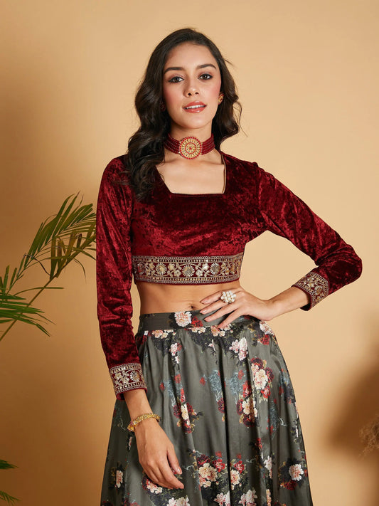 Women Maroon Velvet Embroidered Crop Top 2160