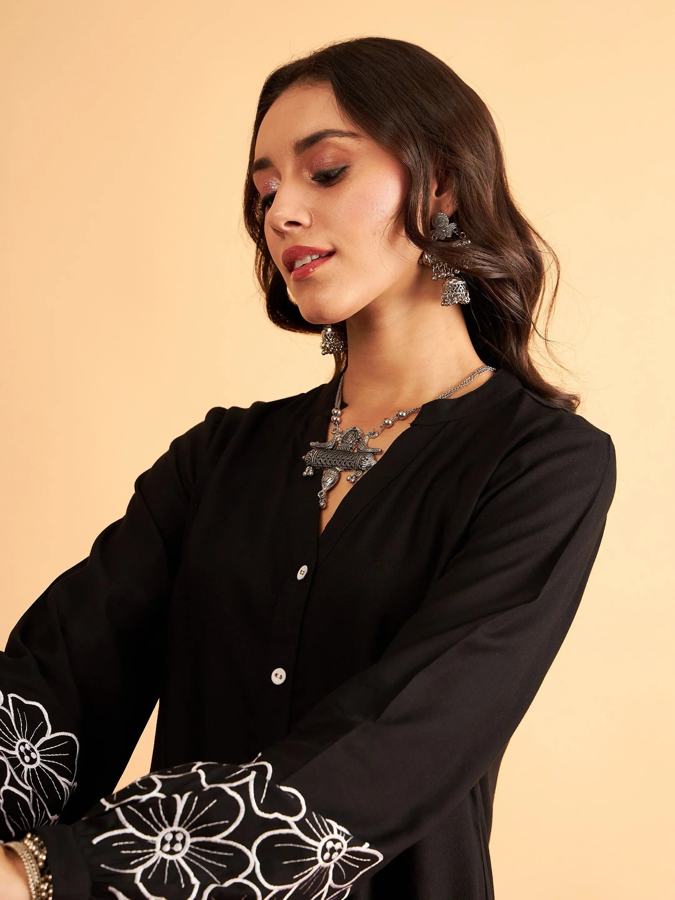 Black Rayon Embroidered Shirt - Ethnic Lehenga Inspired Style