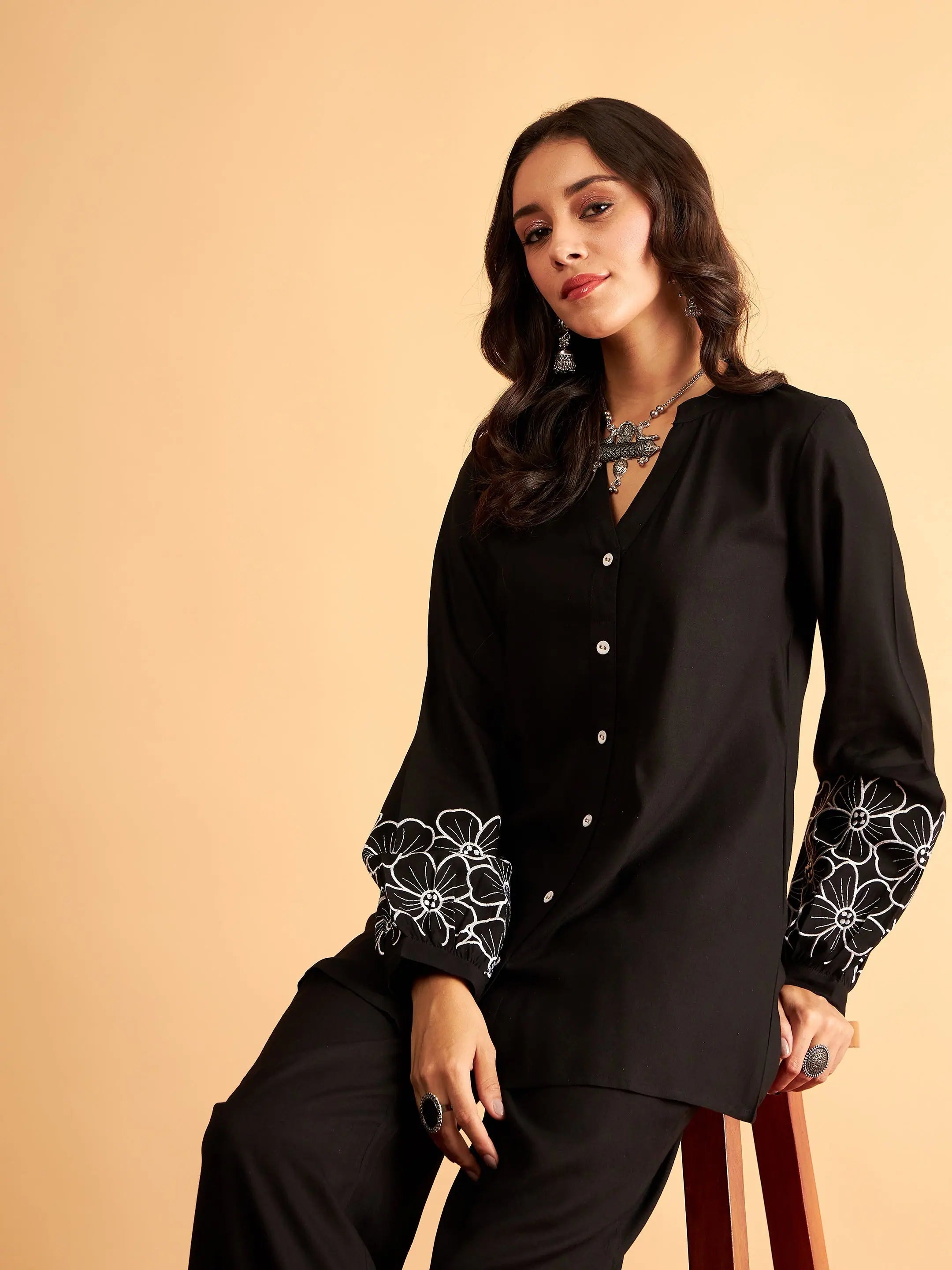 Black Rayon Embroidered Shirt - Ethnic Lehenga Inspired Style