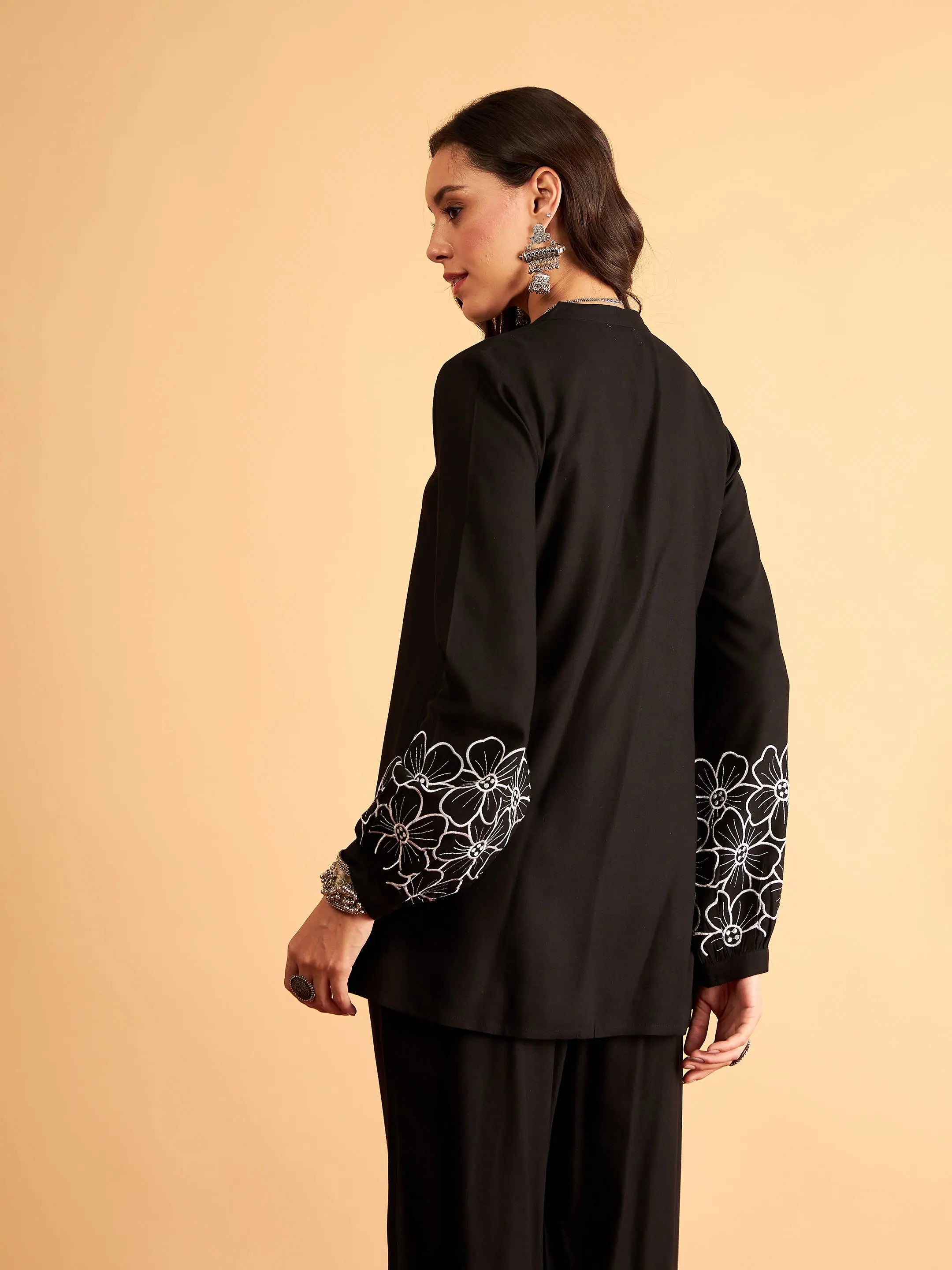 Black Rayon Embroidered Shirt - Ethnic Lehenga Inspired Style