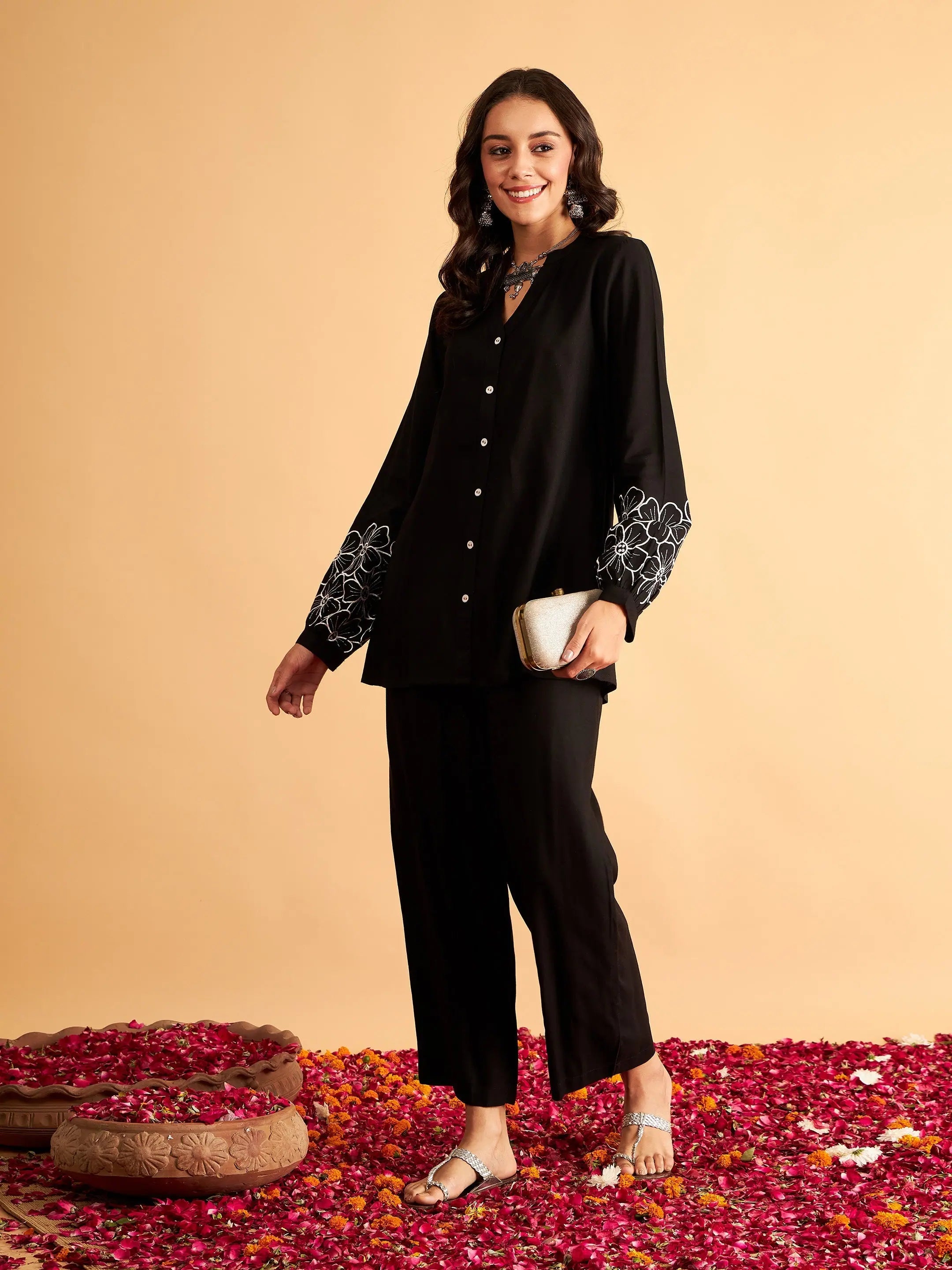 Black Rayon Embroidered Shirt - Ethnic Lehenga Inspired Style
