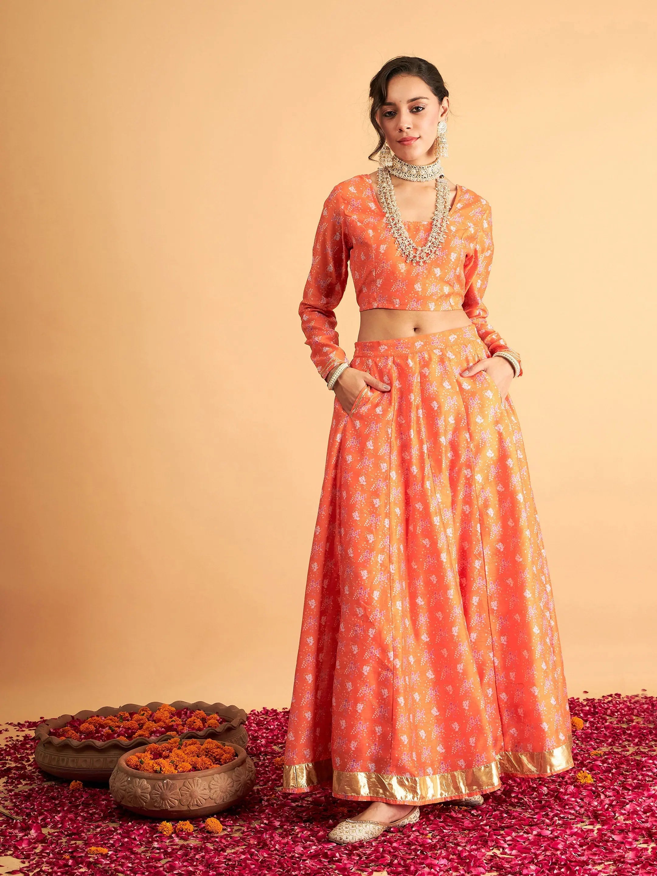 Orange Floral Anarkali - Silk Lehenga Choli, Festive Lehenga