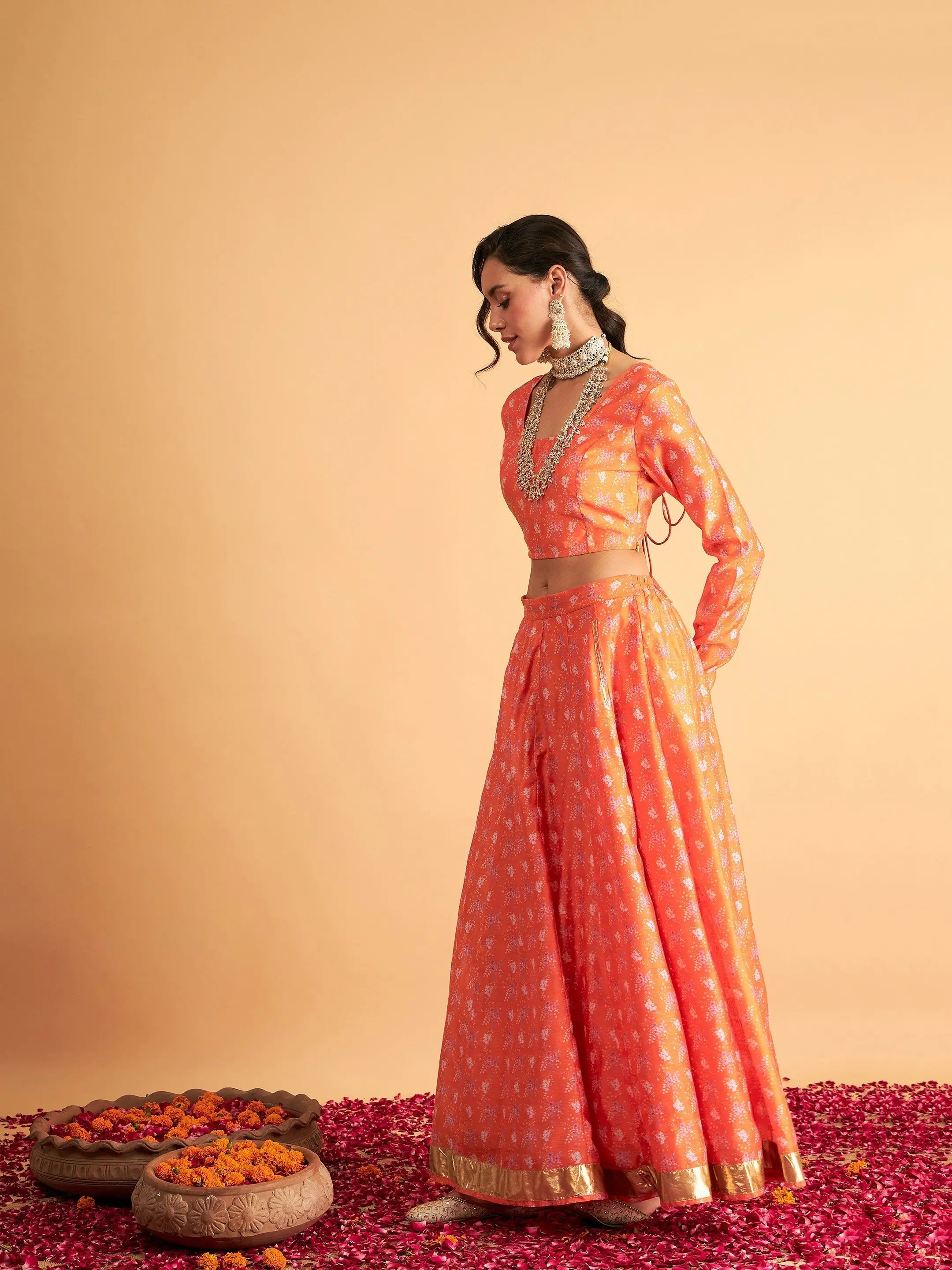Orange Floral Anarkali - Silk Lehenga Choli, Festive Lehenga
