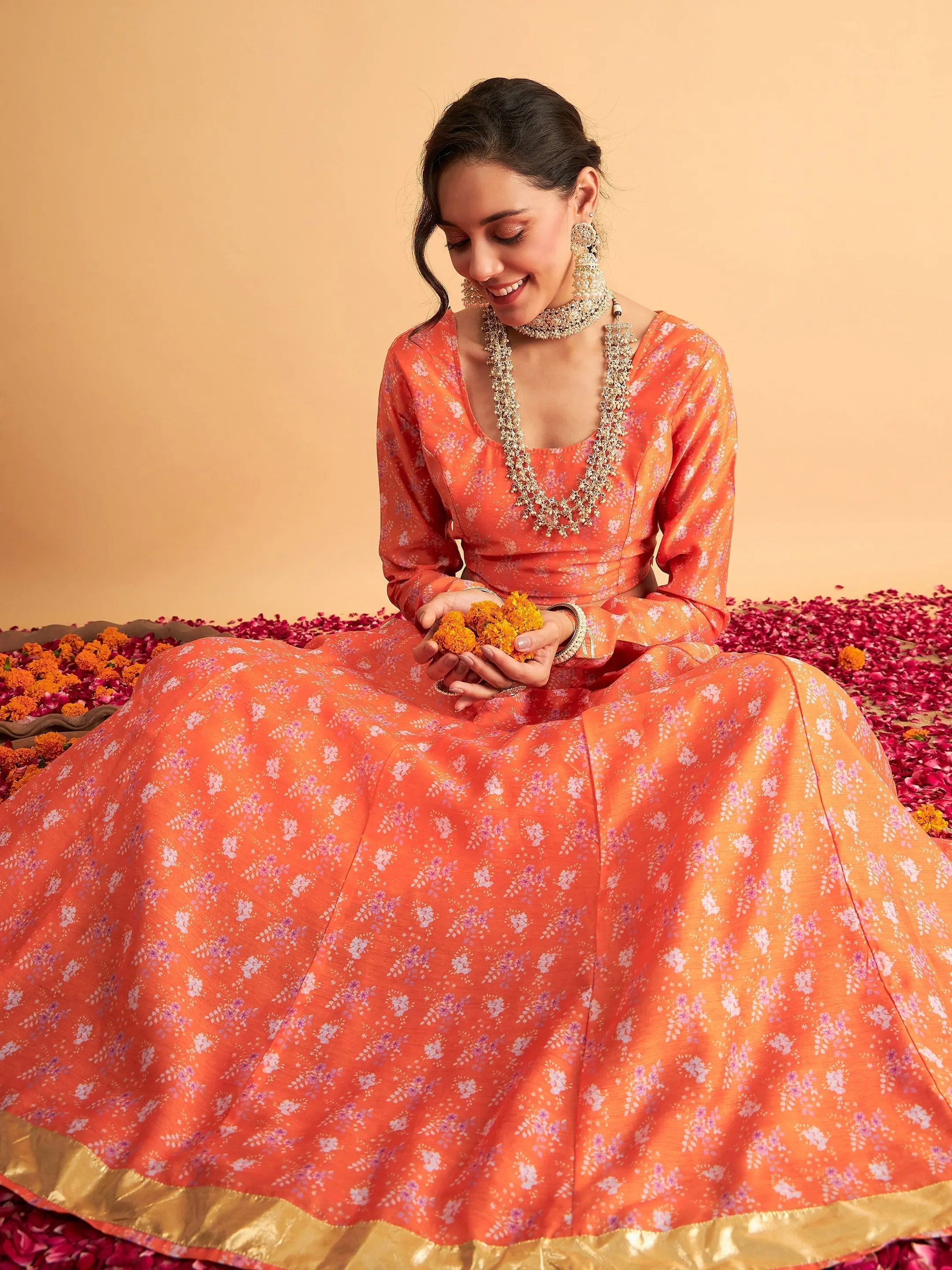 Orange Floral Anarkali - Silk Lehenga Choli, Festive Lehenga