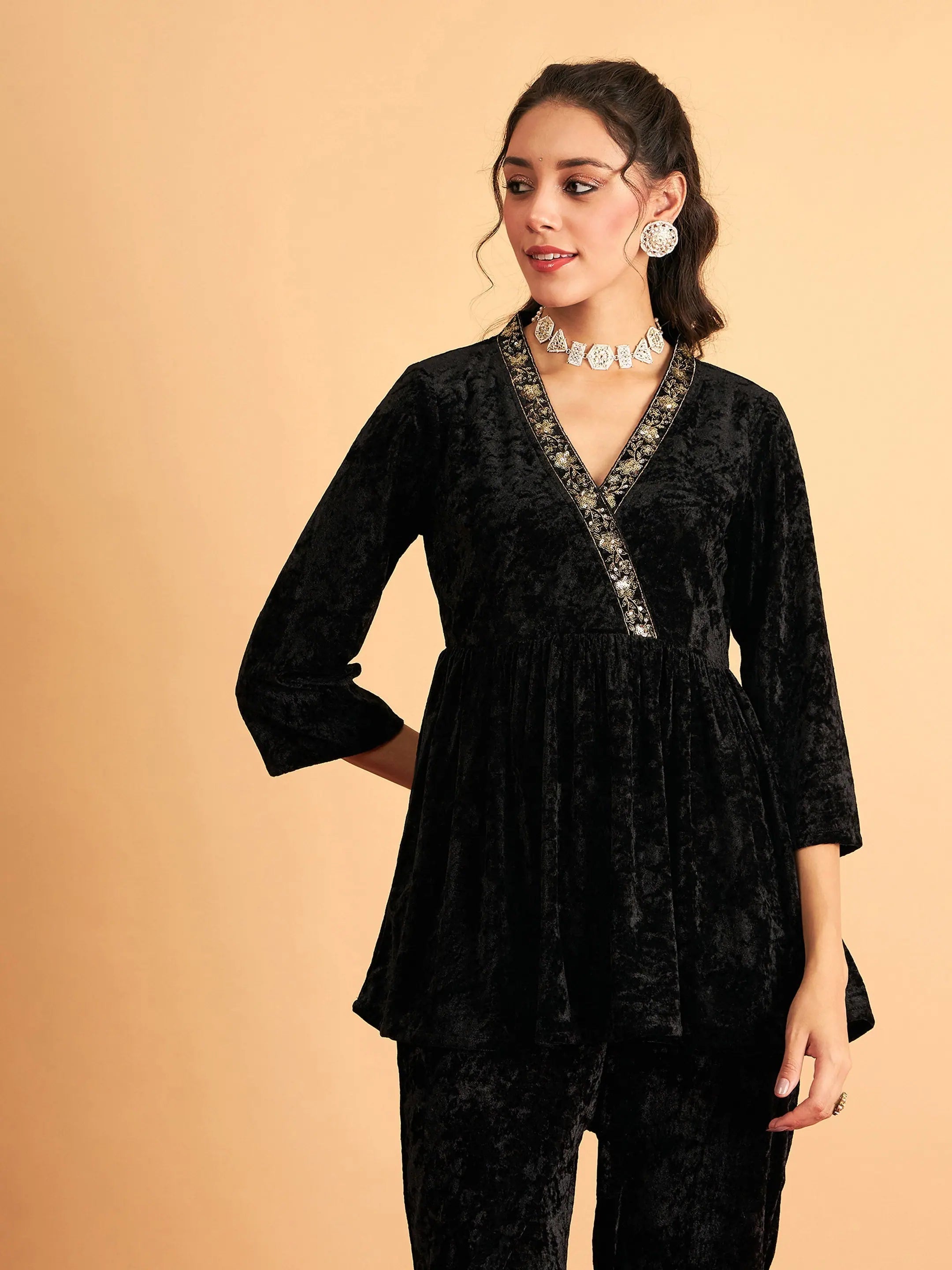 Black Velvet Embroidered Peplum Top | Women's Blouses & Shirts