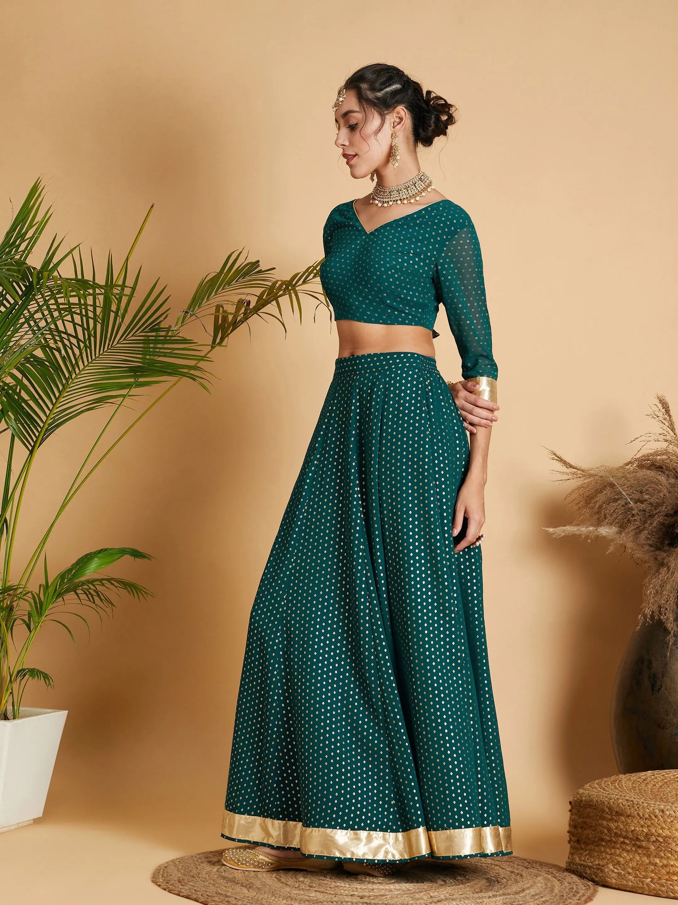 Emerald Anarkali Skirt & Crop Top - Designer Lehenga, Party Wear