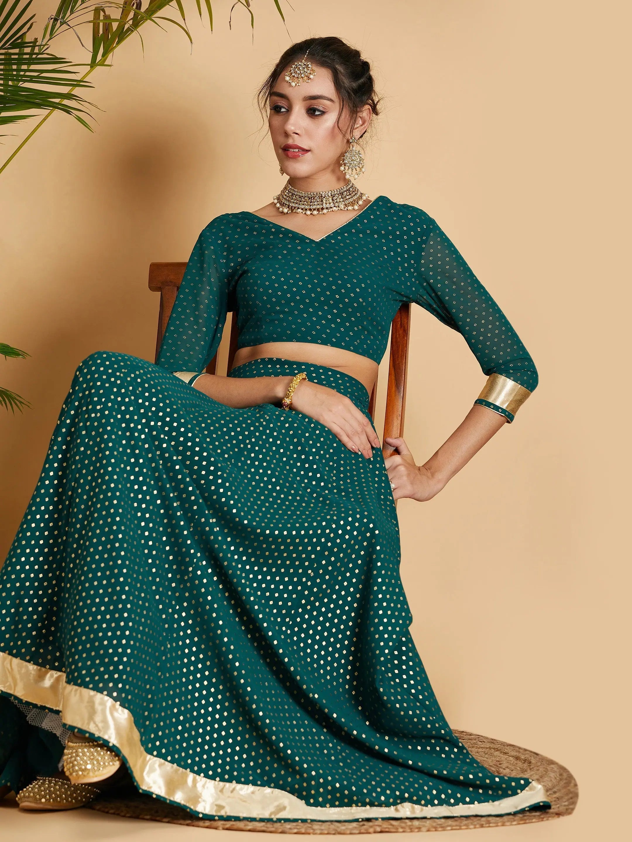 Emerald Anarkali Skirt & Crop Top - Designer Lehenga, Party Wear