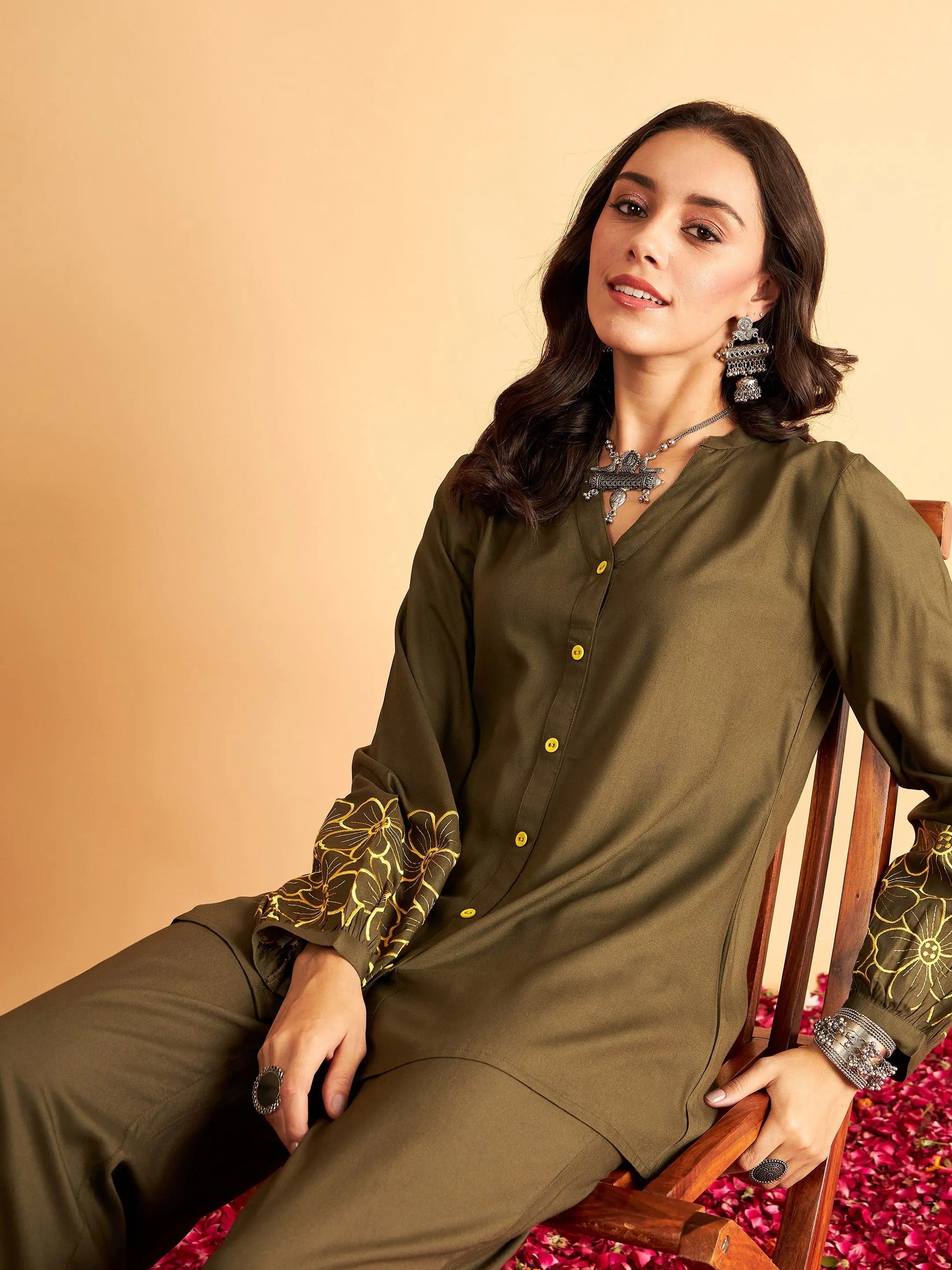 Olive Embroidered Shirt: Women's Designer Lehenga Inspired Top
