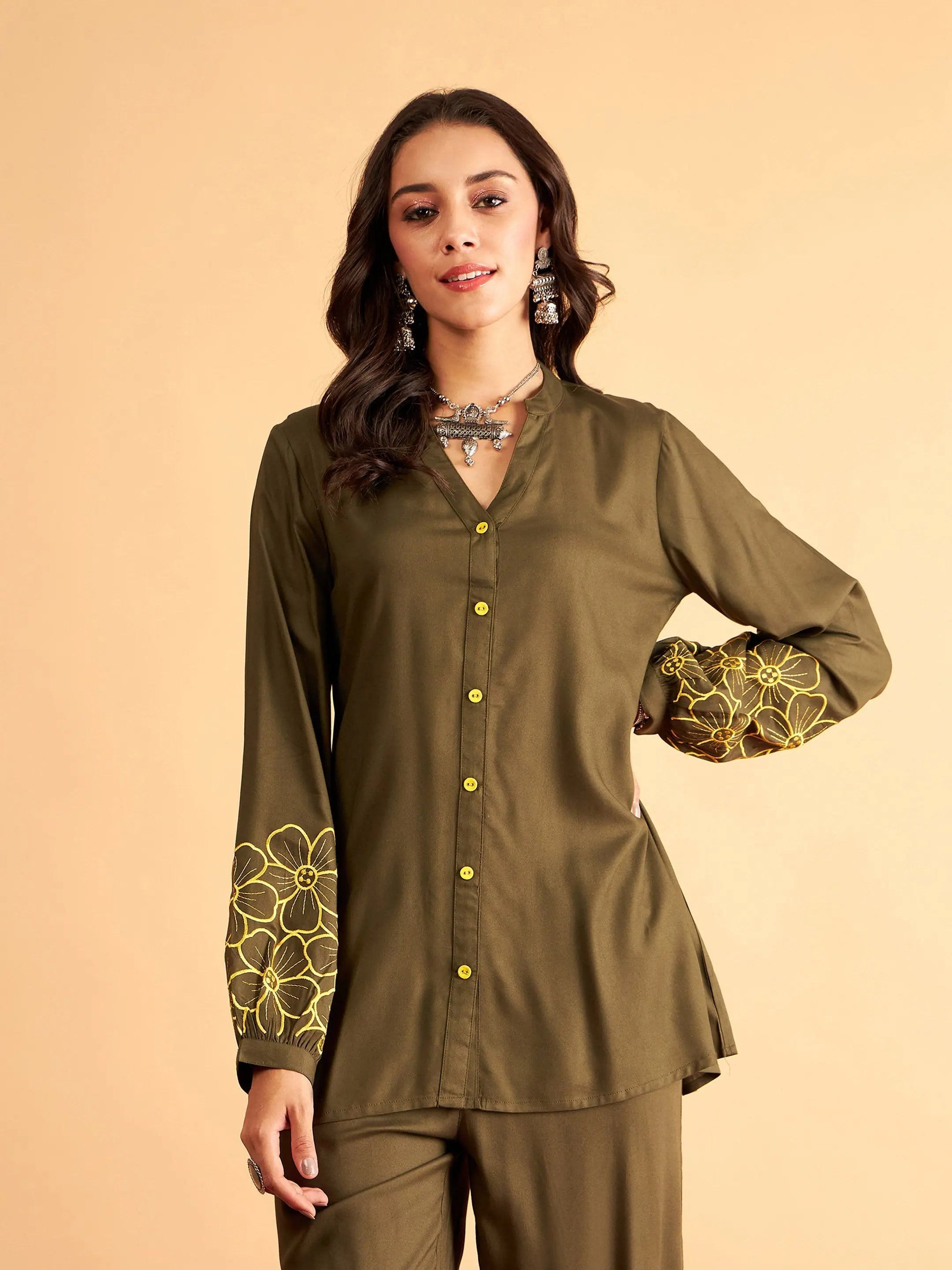 Olive Embroidered Shirt: Women's Designer Lehenga Inspired Top