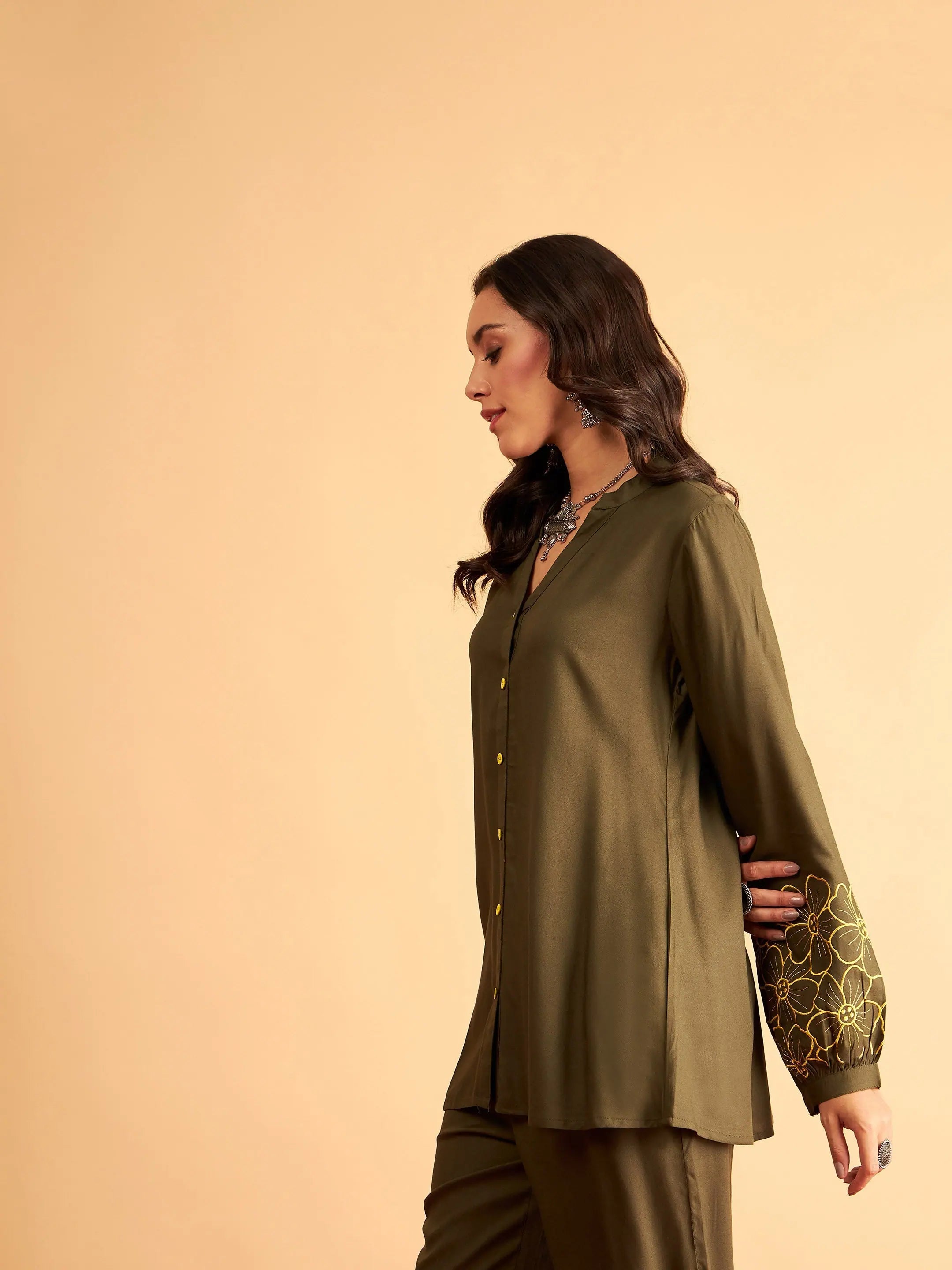 Olive Embroidered Shirt: Women's Designer Lehenga Inspired Top