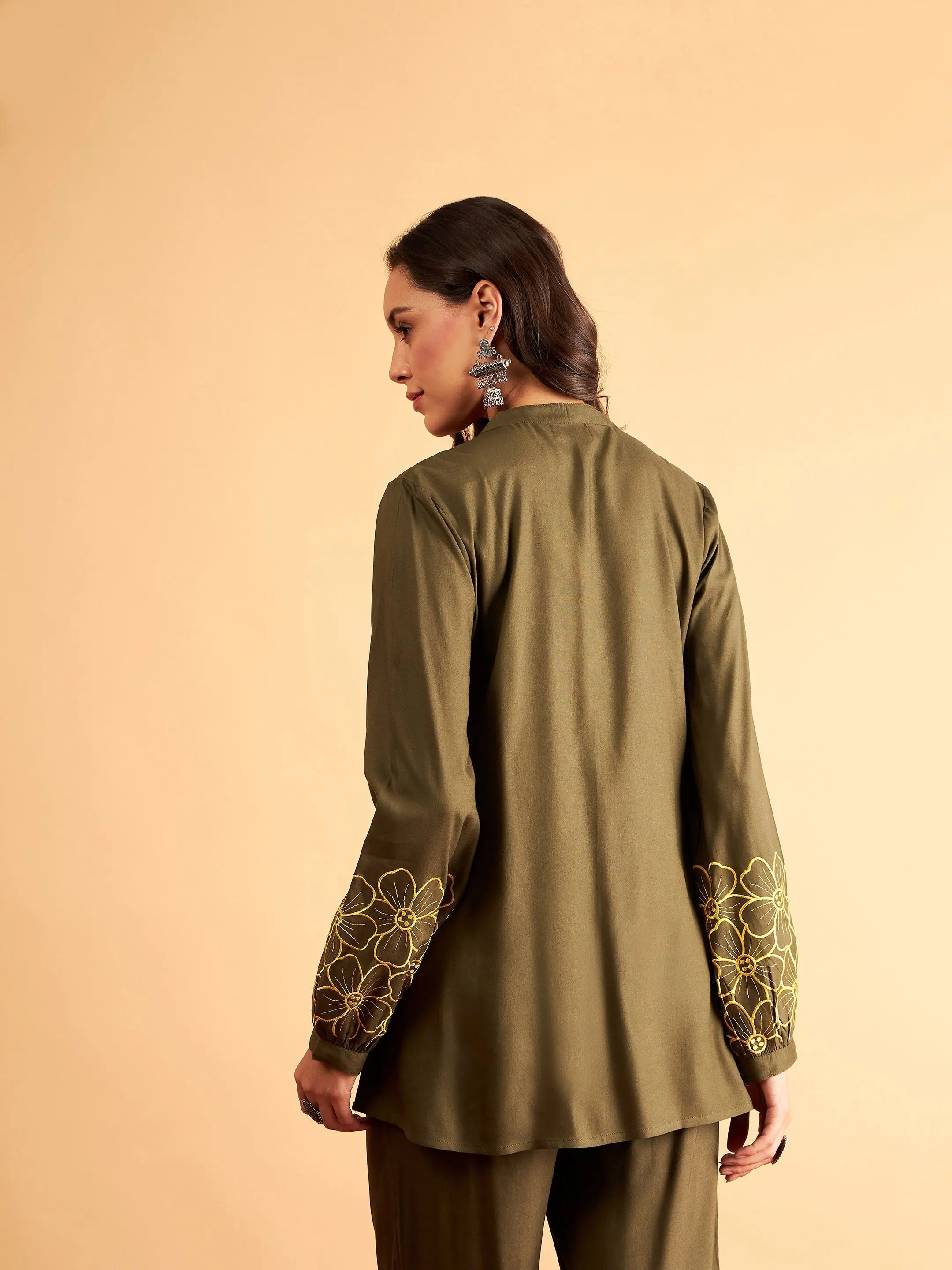 Olive Embroidered Shirt: Women's Designer Lehenga Inspired Top