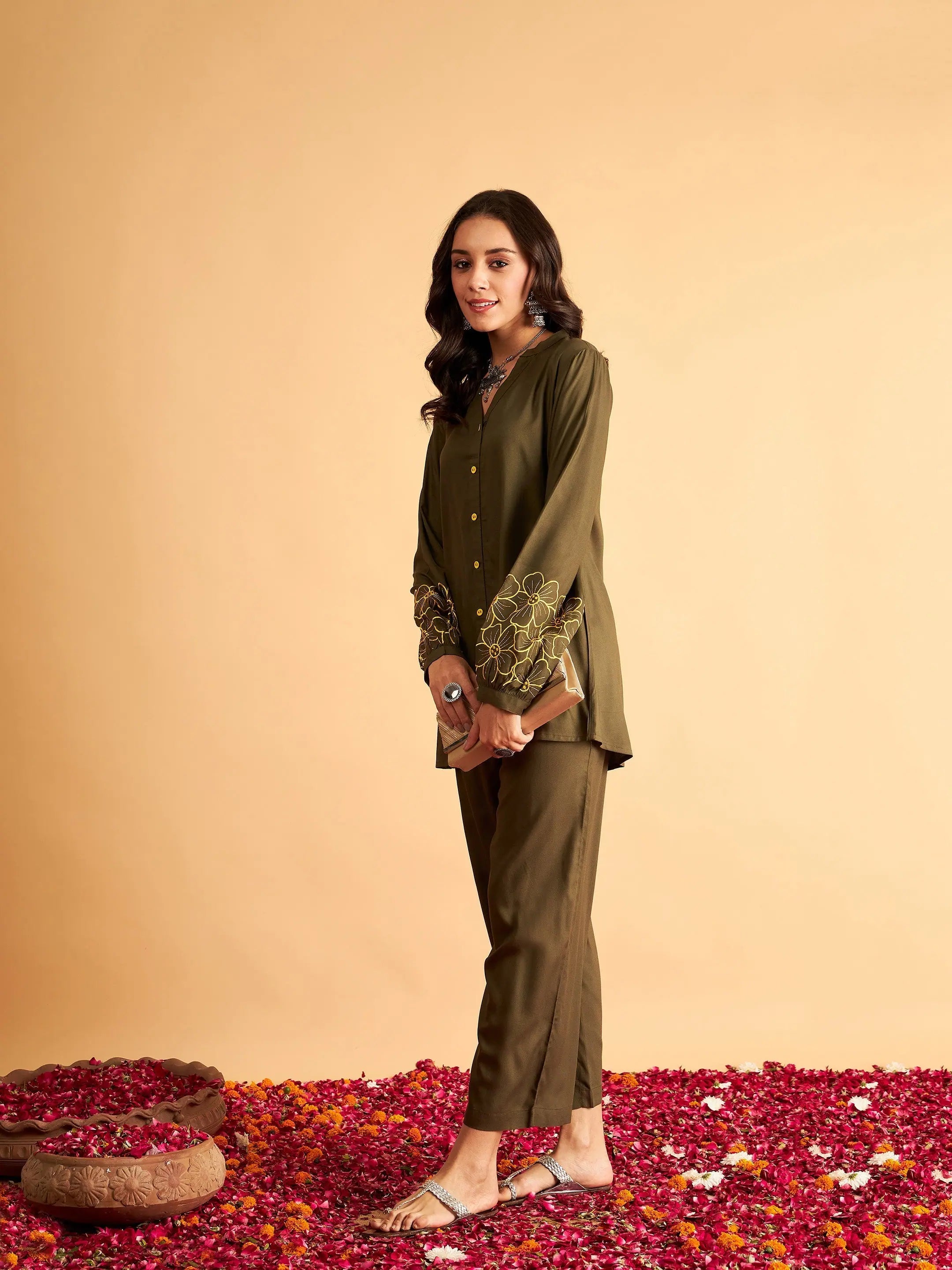 Olive Embroidered Shirt: Women's Designer Lehenga Inspired Top