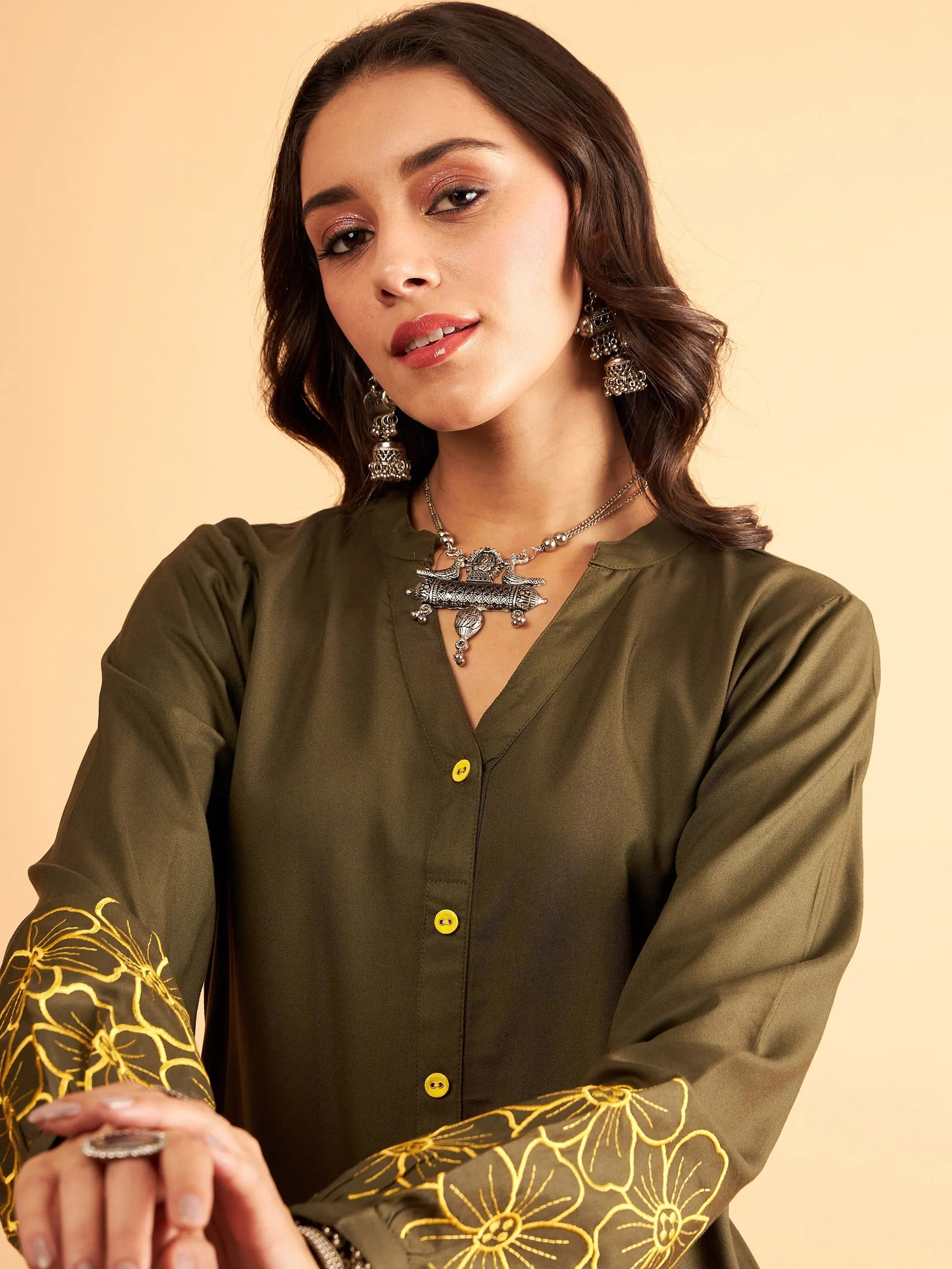 Olive Embroidered Shirt: Women's Designer Lehenga Inspired Top