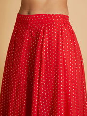 Women Red Dot Foil Print Anarkali Skirt With Crop Top