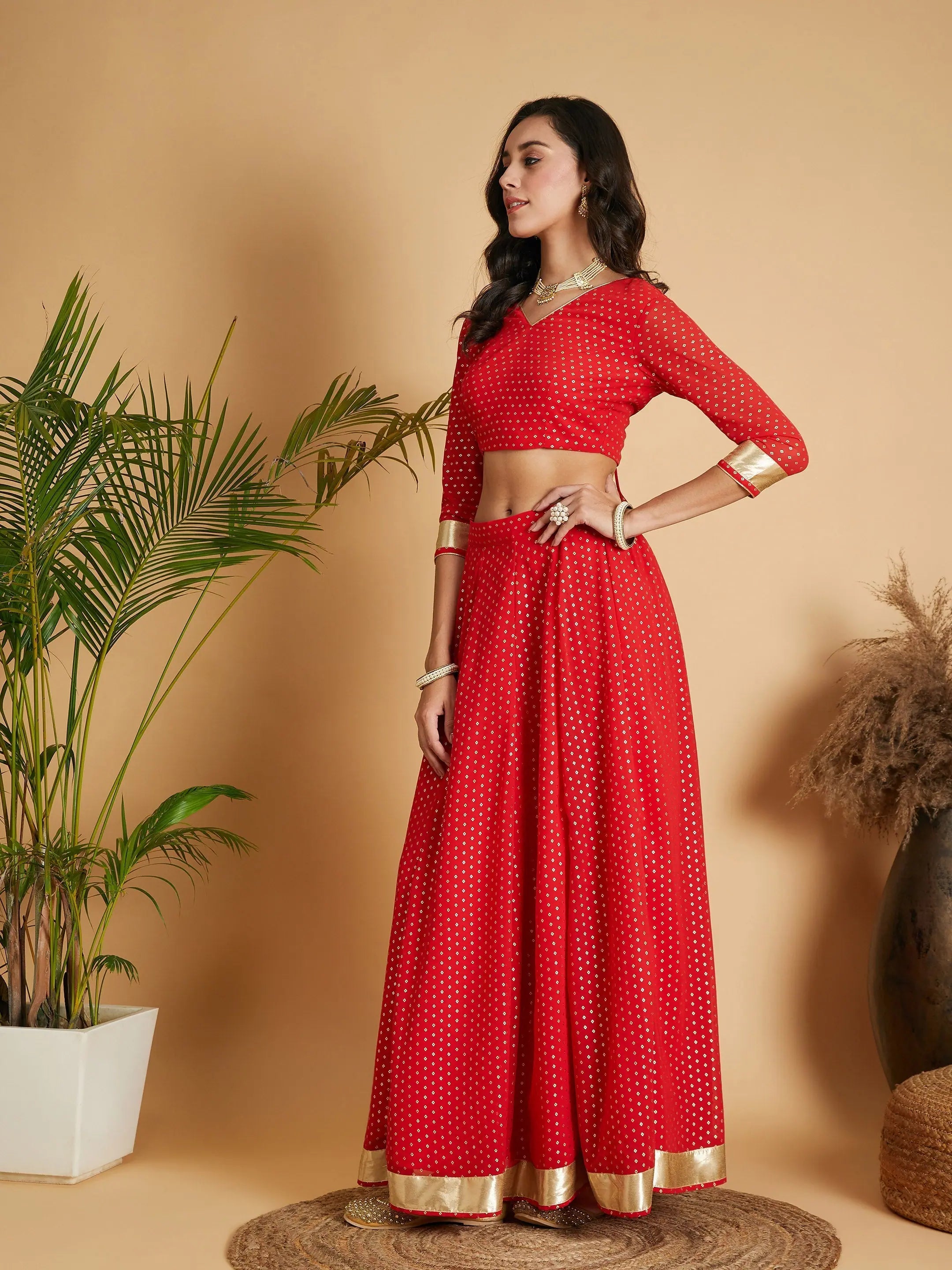 Red Foil Print Lehenga Choli: Designer Women's Anarkali Skirt Set