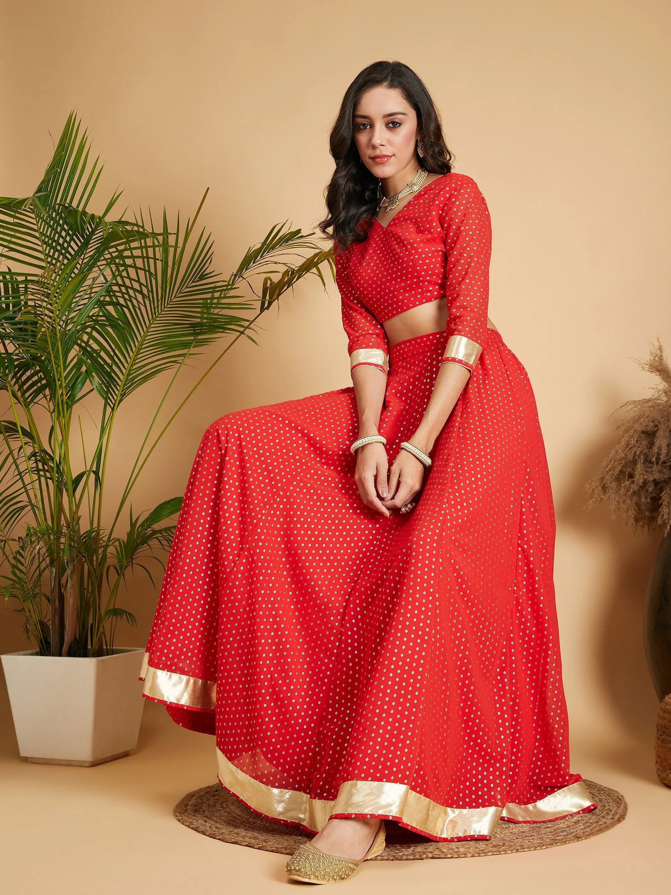 Red Foil Print Lehenga Choli: Designer Women's Anarkali Skirt Set
